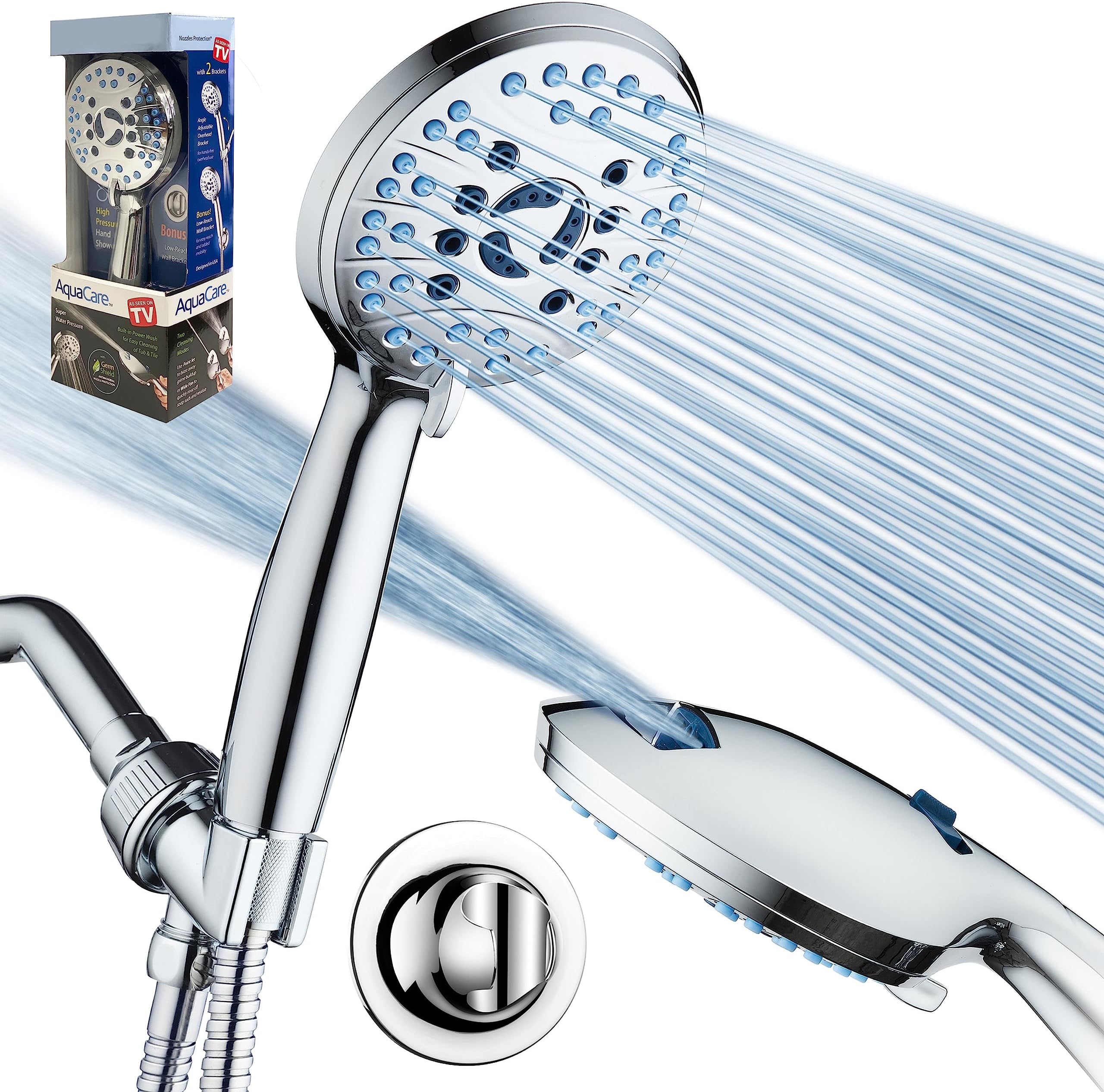Hotel Spa AquaCare Retail Pack High Pressure 8-setting Handheld Shower Head - Built-in Power Wash to Clean Tub, Tile & Pets, Overhead & Wall Brackets, Pure-Clean Nozzles, Extra-long 6 ft. Hose