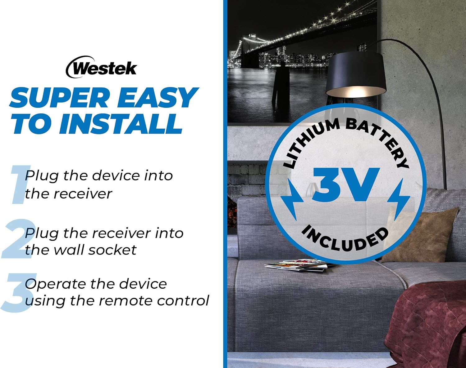 Image illustrating three easy steps to install the Westek remote control: 1. Plug device into receiver, 2. Plug receiver into wall socket, 3. Operate with remote control. A 3V lithium battery is also shown as included.