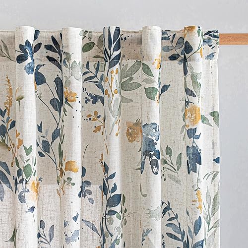 MYSKY HOME Cortinas de cocina florales de lino de 36 pulgadas de largo, juego de 2 paneles sobre el fregadero, cortinas de media ventana con