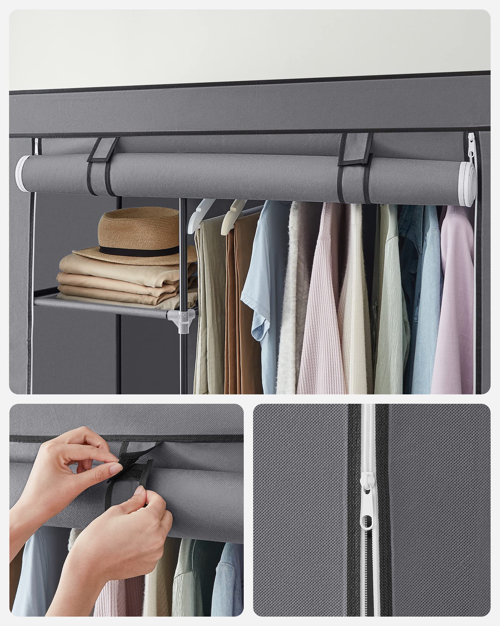 SONGMICS Armoire à Vêtements, Penderie, 1 Tringle à Vêtements, 6 Niveaux, Tissu Non-tissé, Cadre Métallique, 45 x 105 x 168 cm, pour Chambre, Couloir, Dressing, Gris RYG085G02