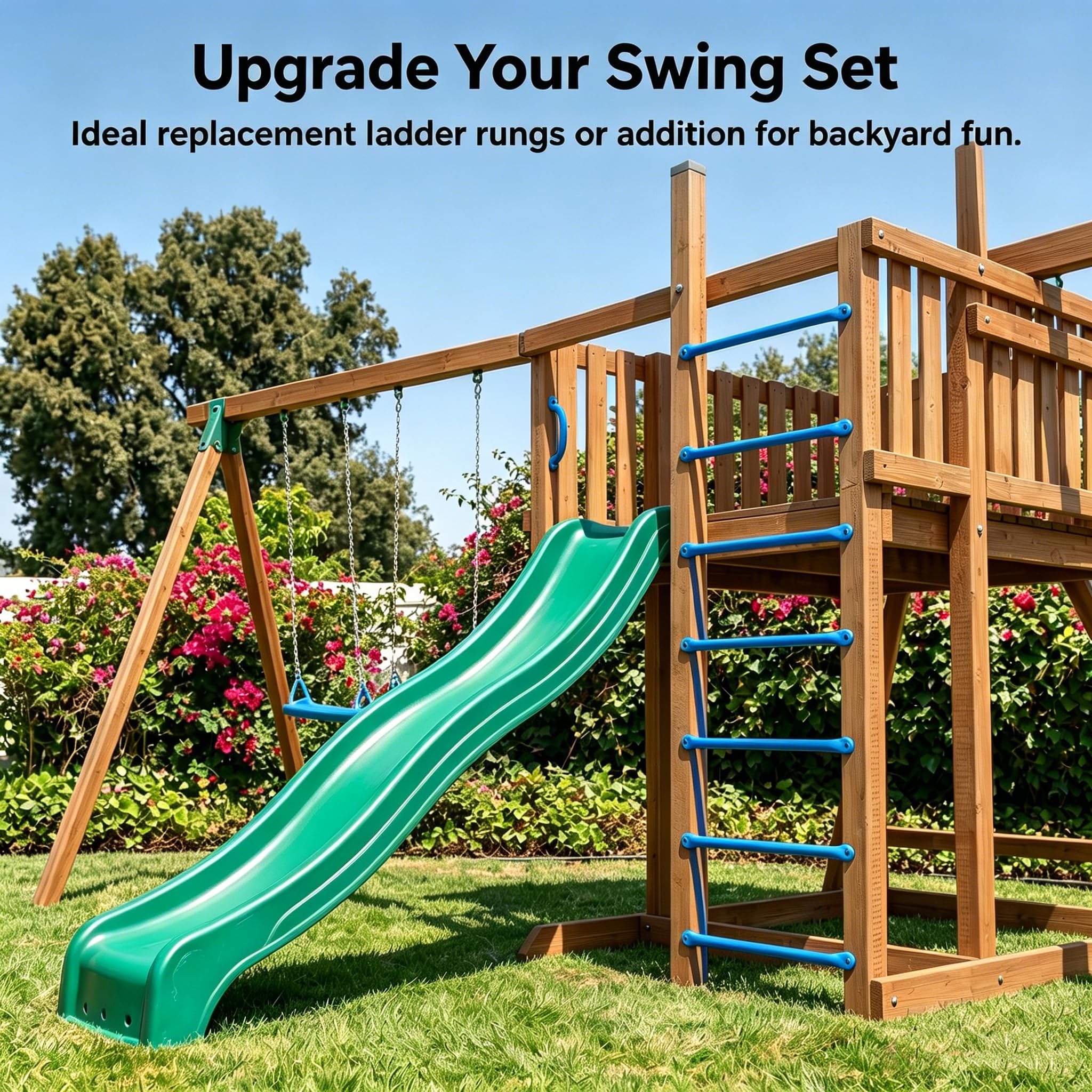 Kit de barras de metal de 21 pulgadas, peldaños de escalera resistentes para niños, juego de columpios para patio trasero y patio trasero y accesorios de juego (azul)