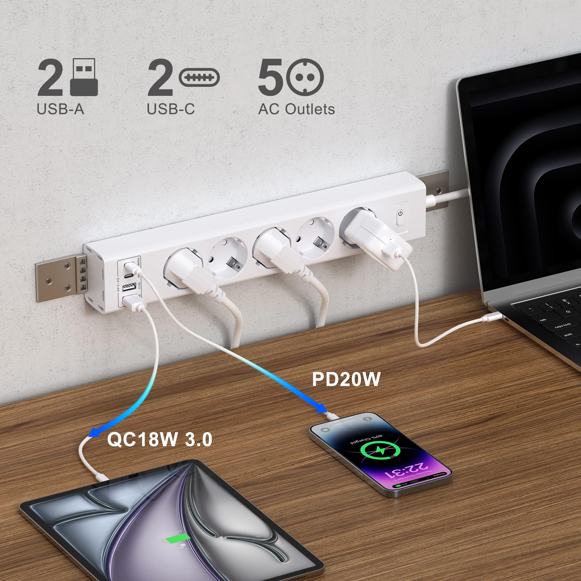 Ciabatta elettrica con 5 prese con porte USB, cavo da 2 m, colore bianco.