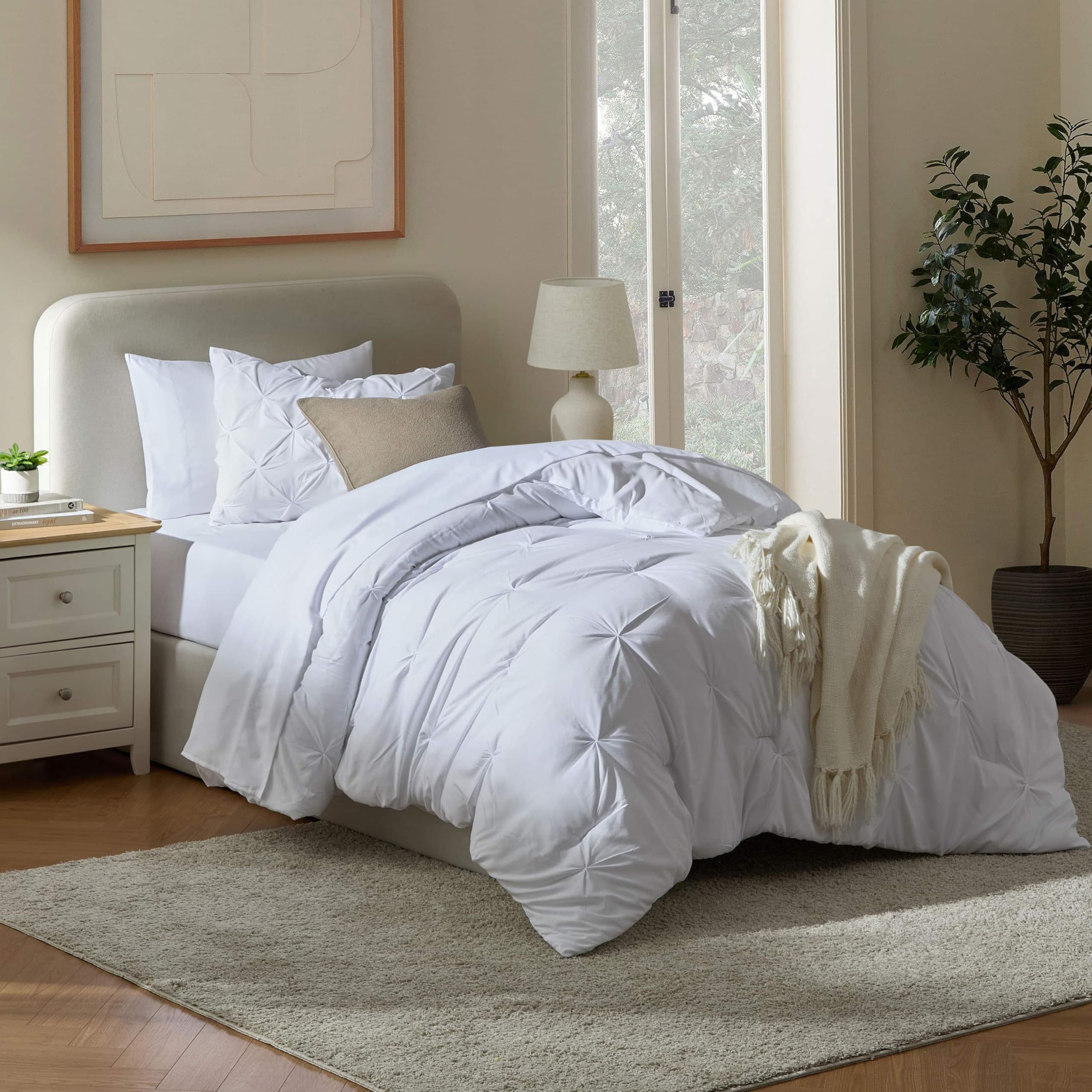 Nestl Twin XL Comforter Set 5 Piece - Pintuck Twin XL Bedding Set White, College Dorm Room Essentials Bed in a Bag, Twin XL Comforter Set for College Girls and Boys with Sheets, Pillowcase and Sham