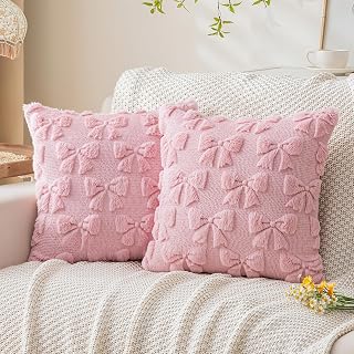 La Desire Kissenbezüge 2er Set 45x45cm, Rosa Schleifenmuster Plüsch-Kissenhüllen, Weiches Faux Fell Jacquard, Dekorative Kissenbezüge für Sofa, Schlafzimmer & Wohnzimmer