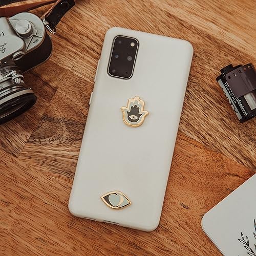 Miniatura 2 de Pegatinas de metal para fundas de teléfonos celulares. Juego de 2 calcomanías doradas de mal de ojo y hamsa, reutilizables y extraíbles. No deja