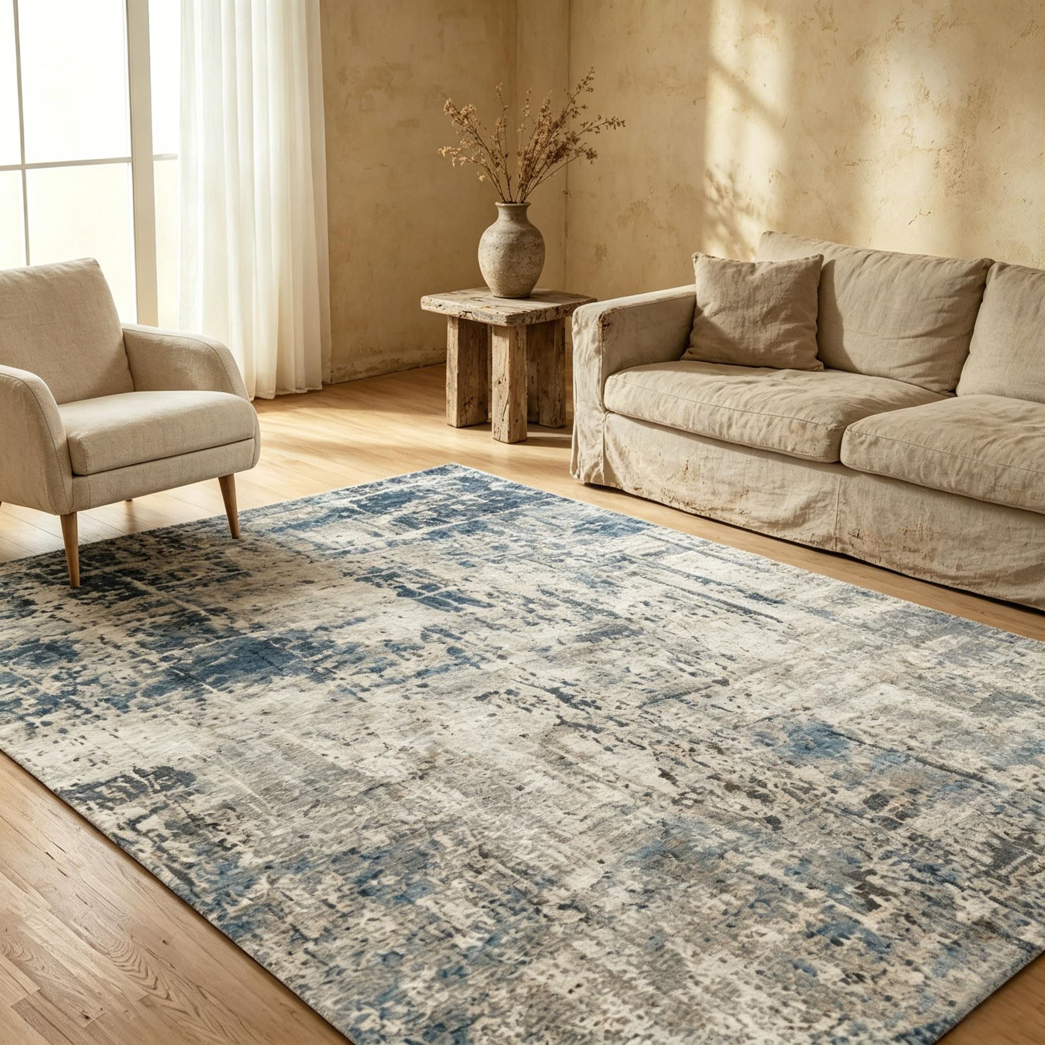 Tapis Salon 160x230cm, Tapis Moderne de Chambre à Coucher, Tapis de Salon Abstrait Antidérapant Lavable en Machine Tapis de Chambre Adulte Doux Poil Court pour Salon Bureau Intérieur (Gris et bleu)