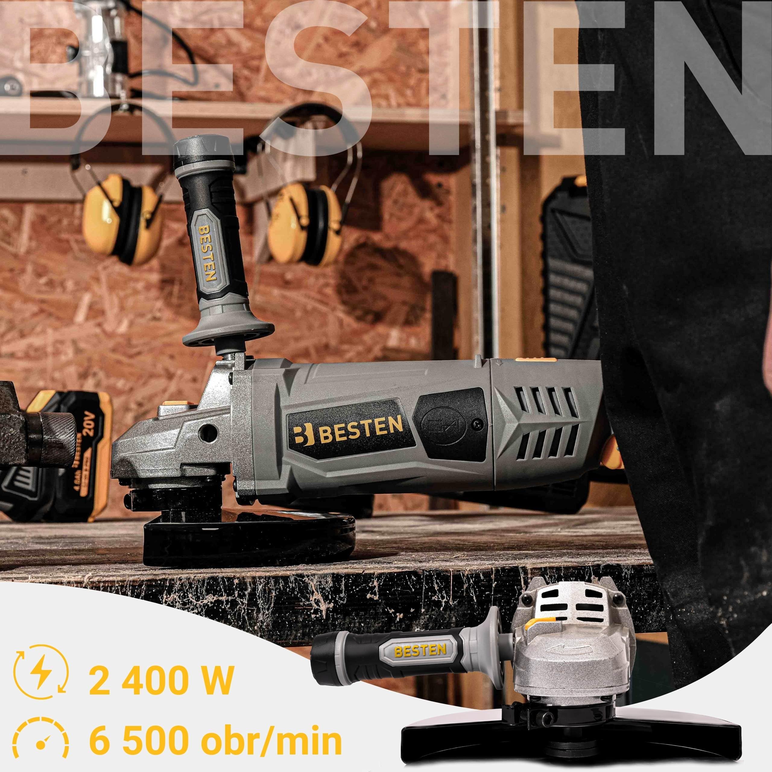 Szlifierka kątowa 230 mm • 2400 W • 6500 obr/min • Soft Start • gwint M14 • rękojeść obrotowa 180° • uchwyt 3-pozycyjny • walizka • BESTEN BE0002930