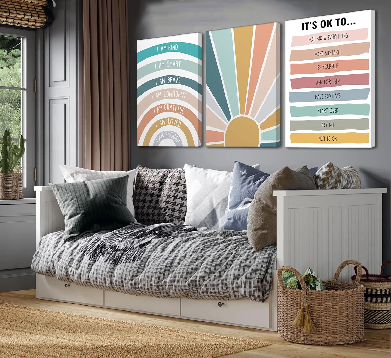 3 Pcs Nursery Boho Affirmations Canvas Wall Art Kids Lnspirational I Am Kind Smart Brave Rainbow Painting Picture Wall Decor Mental Health Posters Prints for Toddler Kids Room Classroom (12x16-canvas)