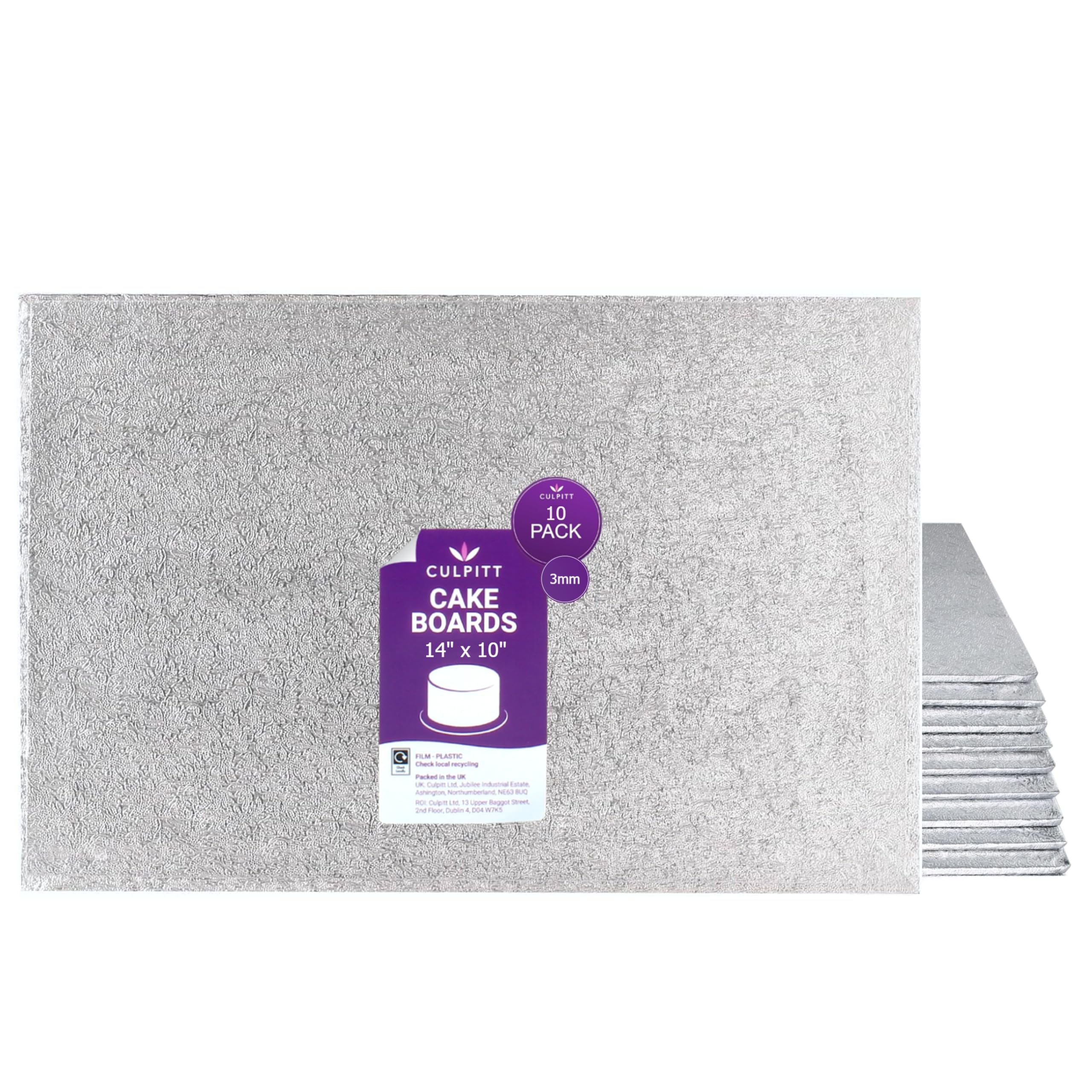 Culpitt Silver 14" X 10" Oblong Cake Boards | 10 Pack| 3Mm Hardboard Cards For Celebration Desserts, Birthday Treats, Tray Bakes, Cupcakes, And More! Strong, Rectangular - Pack Of 10