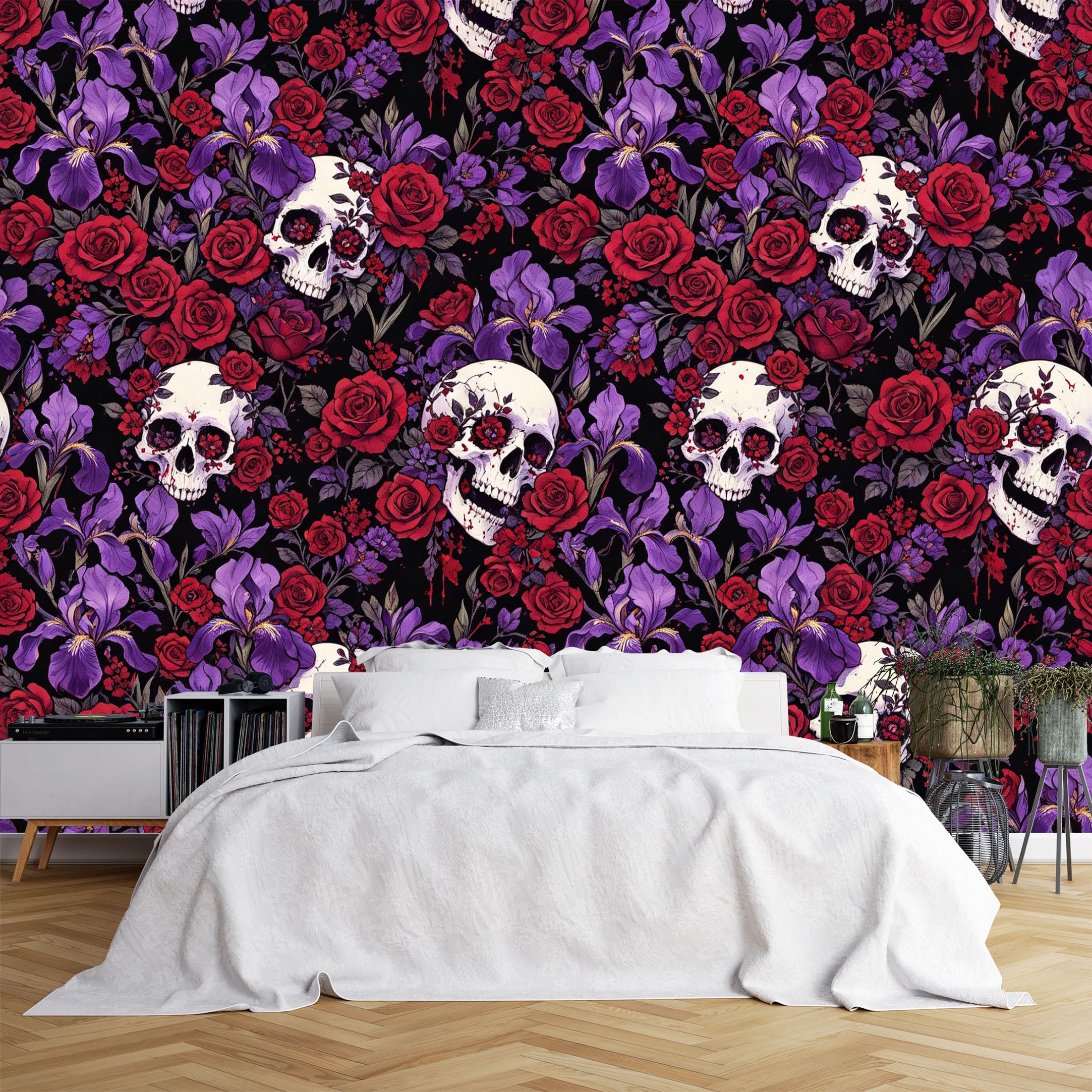 Lcythiazole Ch260615240 Custom Size Wall Murals Skull Red Rose Purple Iris Gothic Seamless Pattern Wall Murals Self-Adhesive Wall Fabric (No Pvc) Removable Wallpaper For Bedroom Decor