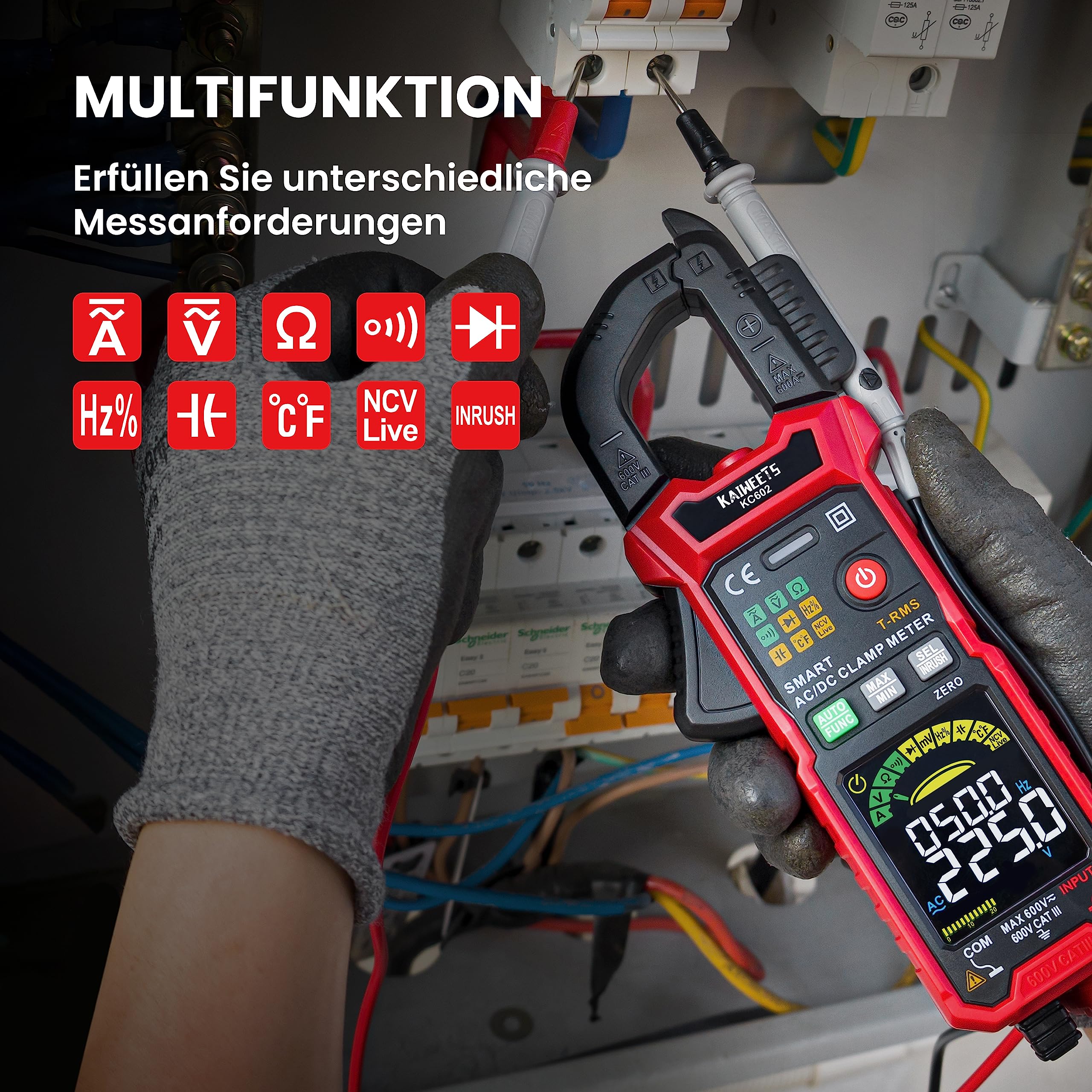 KAIWEETS KC602 Intelligente Stromzange, Strommessgerät AC/DC-Strom:0-600A, Zangenmultimeter mit Automatischer Kalibrierung, True-RMS 6000 Zählungen Auto-Ranging, misst Spannung Kapazität Durchgang.