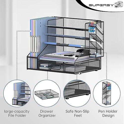 Miniatura 3 de SUPEASY Organizador de escritorio con soporte para archivos, organizador de bandeja de papel de malla de 5 niveles con soporte para bolígrafo y
