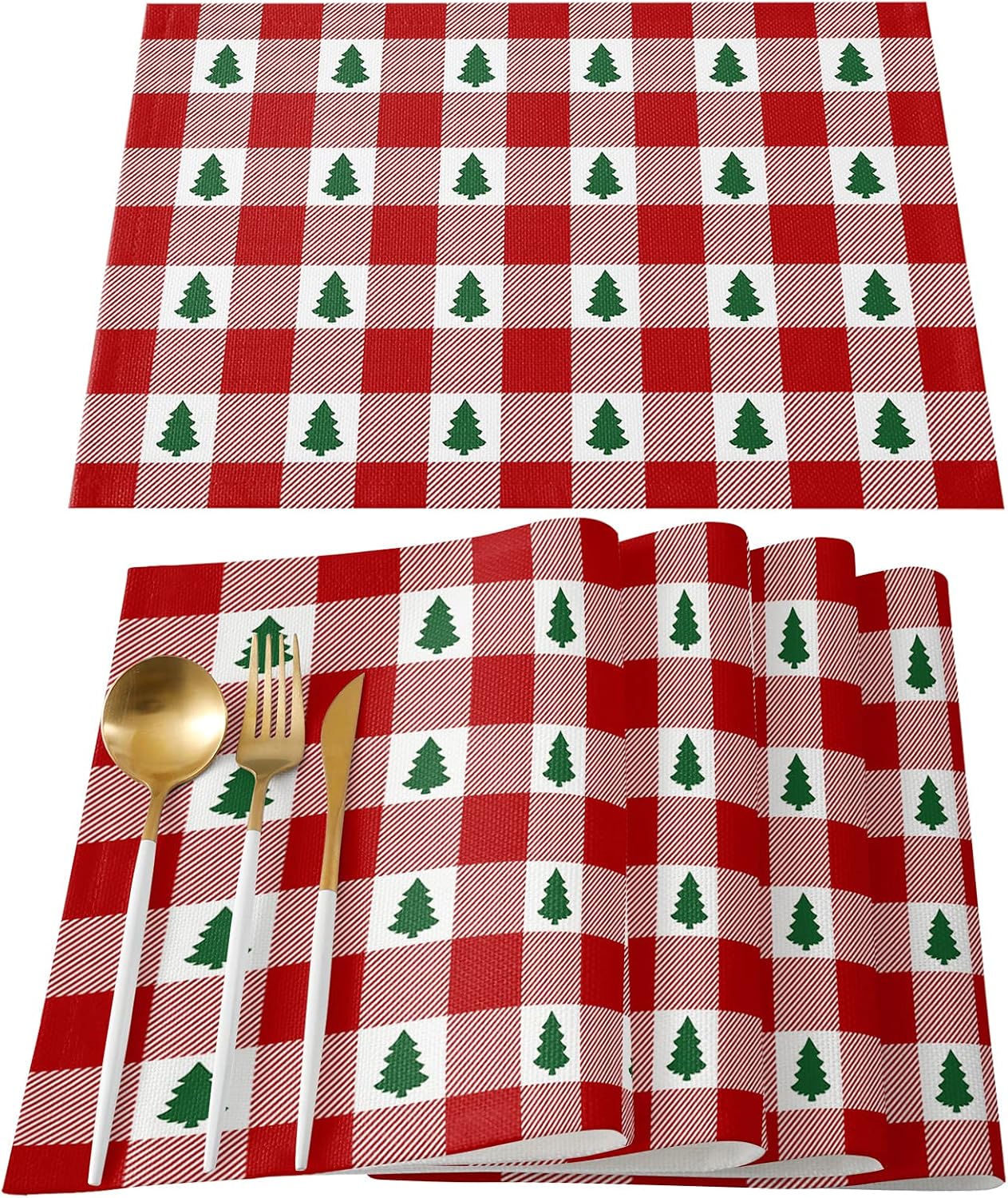 Merry Christmas Placemats Set of 6,Cotton Linen Table Mats Non-Slip Washable Xmas Farm Tree Plaid Buffalo Placemat for Holiday Party Dining Kitchen Table Decor