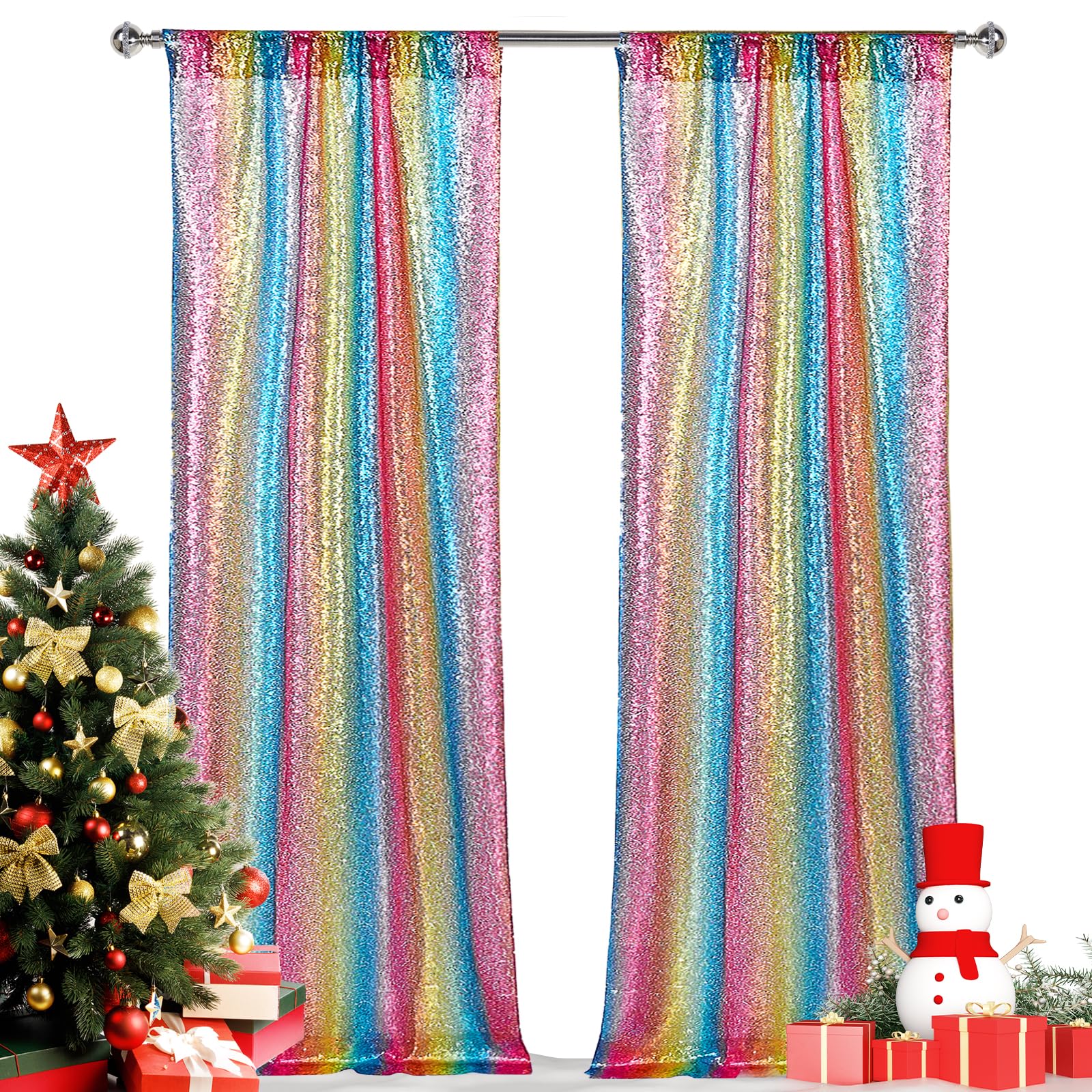Hahuho Rainbow Sequin Backdrop Curtain, 2PCS 2FTx8FT Glitter Backdrop Curtain for Parties, Christmas, Wedding, Party Decoration（2 Panels, 2FT x 8FT,