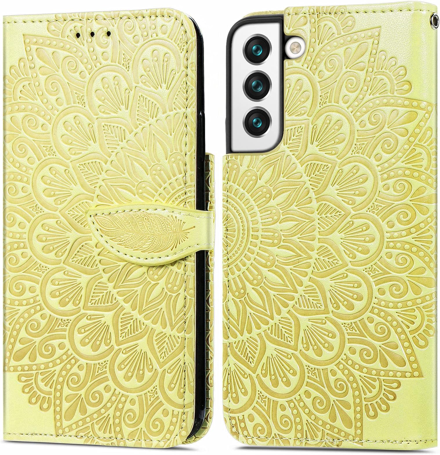 Dinglijia Designed for Samsung Galaxy S22 Plus Case, Wrist Strap Flip Kickstand Wallet Case Cash Card Slots Holder Cover. Protective Shockproof Phone Case for Galaxy S22 Plus MZY Yellow