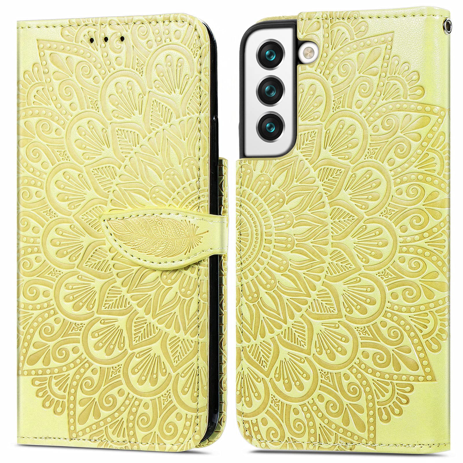 Dinglijia Designed for Samsung Galaxy S22 Plus Case, Wrist Strap Flip Kickstand Wallet Case Cash Card Slots Holder Cover. Protective Shockproof Phone Case for Galaxy S22 Plus MZY Yellow