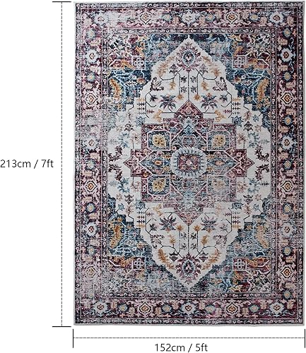 Miniatura 3 de Alfombra lavable a máquina, de 5 x 7 pies, diseño de medallón vintage, antideslizante, para sala de estar, dormitorio, resistente a las manchas,
