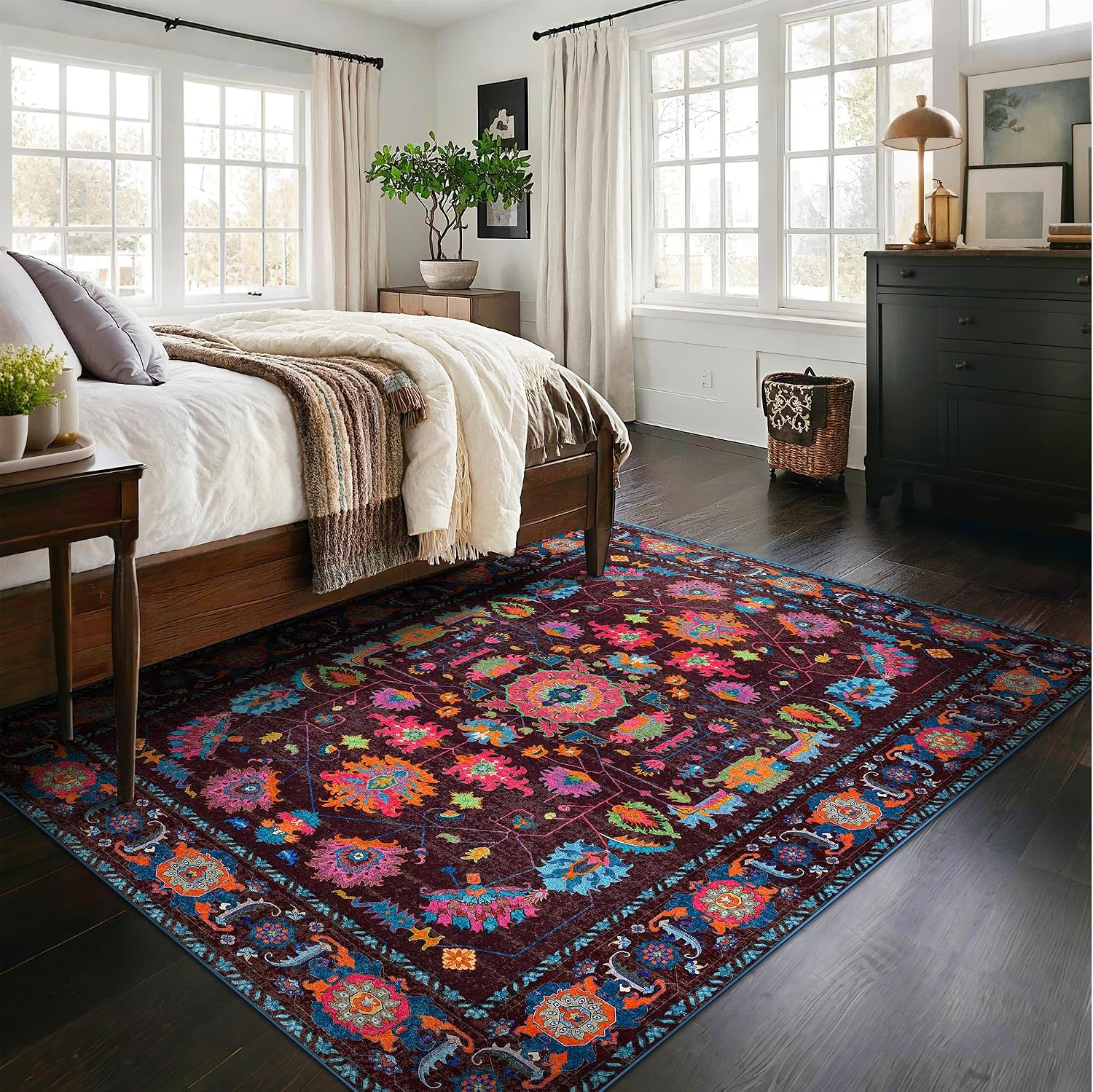 Purple Living Room Area Rug Washable 5x7 Non Slip Low Pile Oushak Vintage Oushak Stain Resistant Soft Oriental Carpet for Bedroom, Dining Room, Kitchen, Leisure Room, Nova Burgundy Fuchsia Orange Soda