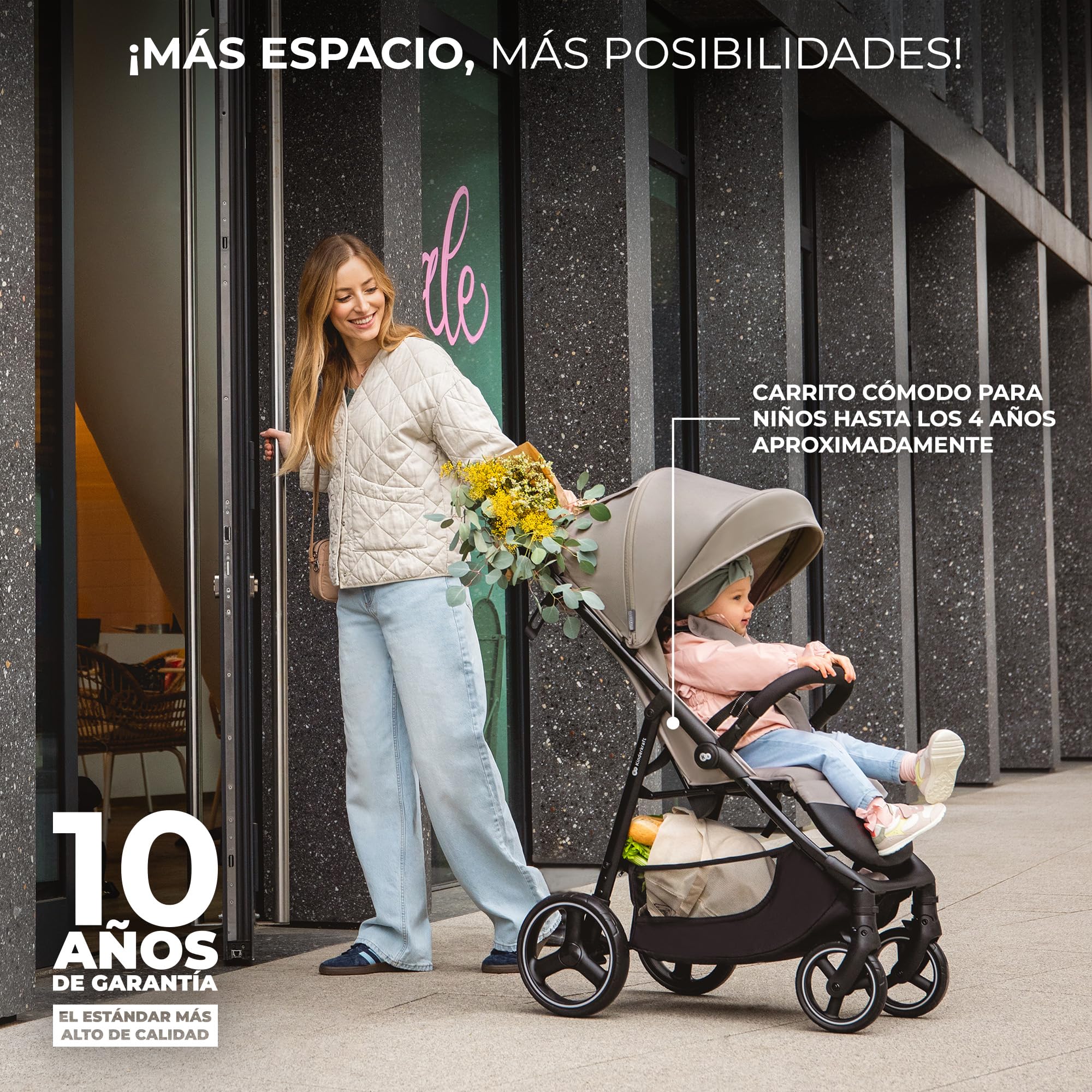 Kinderkraft TRIG 3, Silla de Paseo, Ligera y manejable, Suspensión, Cinturón de 5 puntos, Reposapiés, Ajustable, Carga máxima de 25 kg, Beige