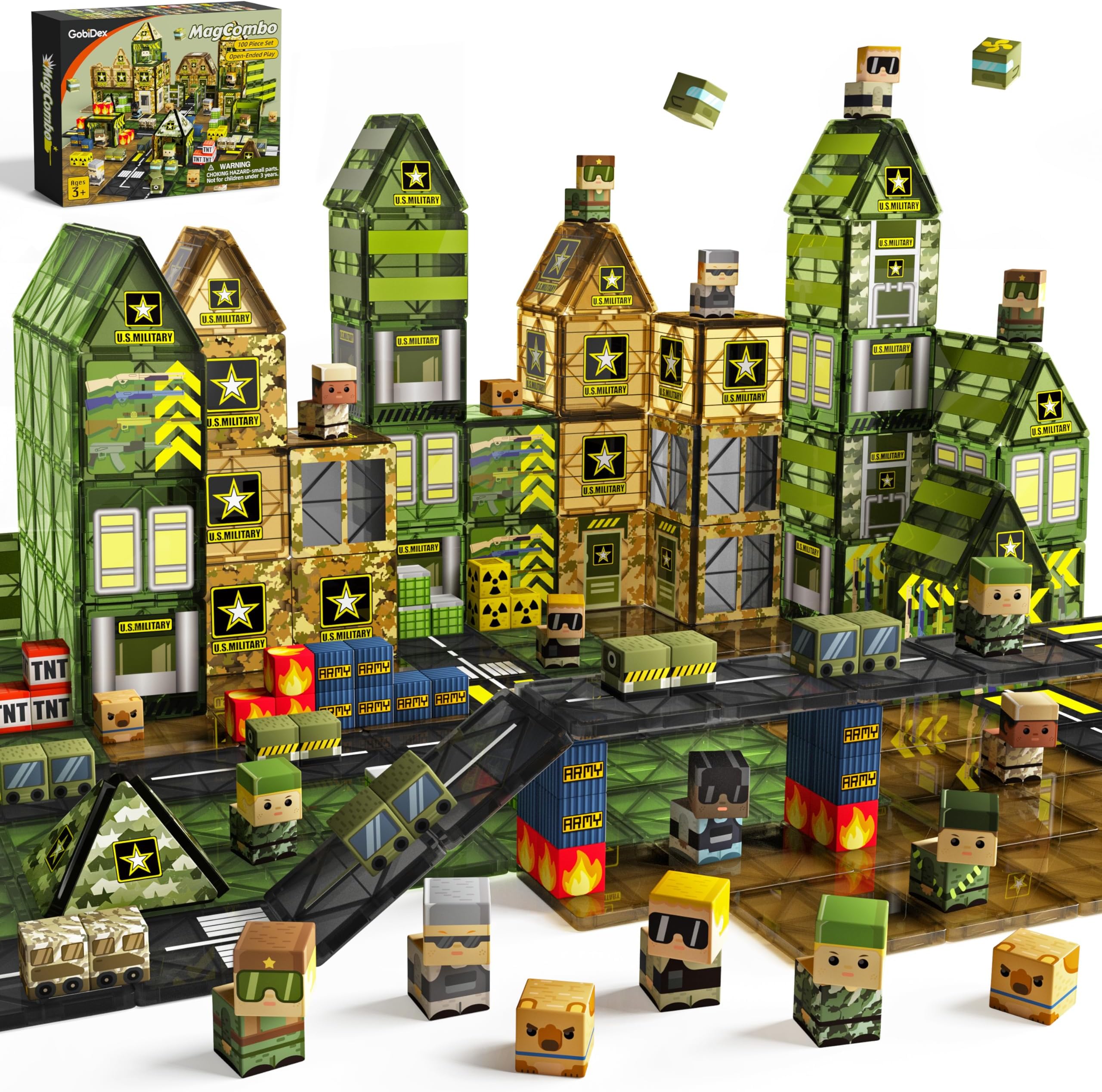 GobiDex 100PCS Magnetic Building Blocks Army Toys, STEM Military Magnetic Tiles with Army Men, Magnet Construction Toys for Toddler Kids Ages 3-5 5-7 4-8, Birthday Gifts for 3+ Year Old Boys Girls