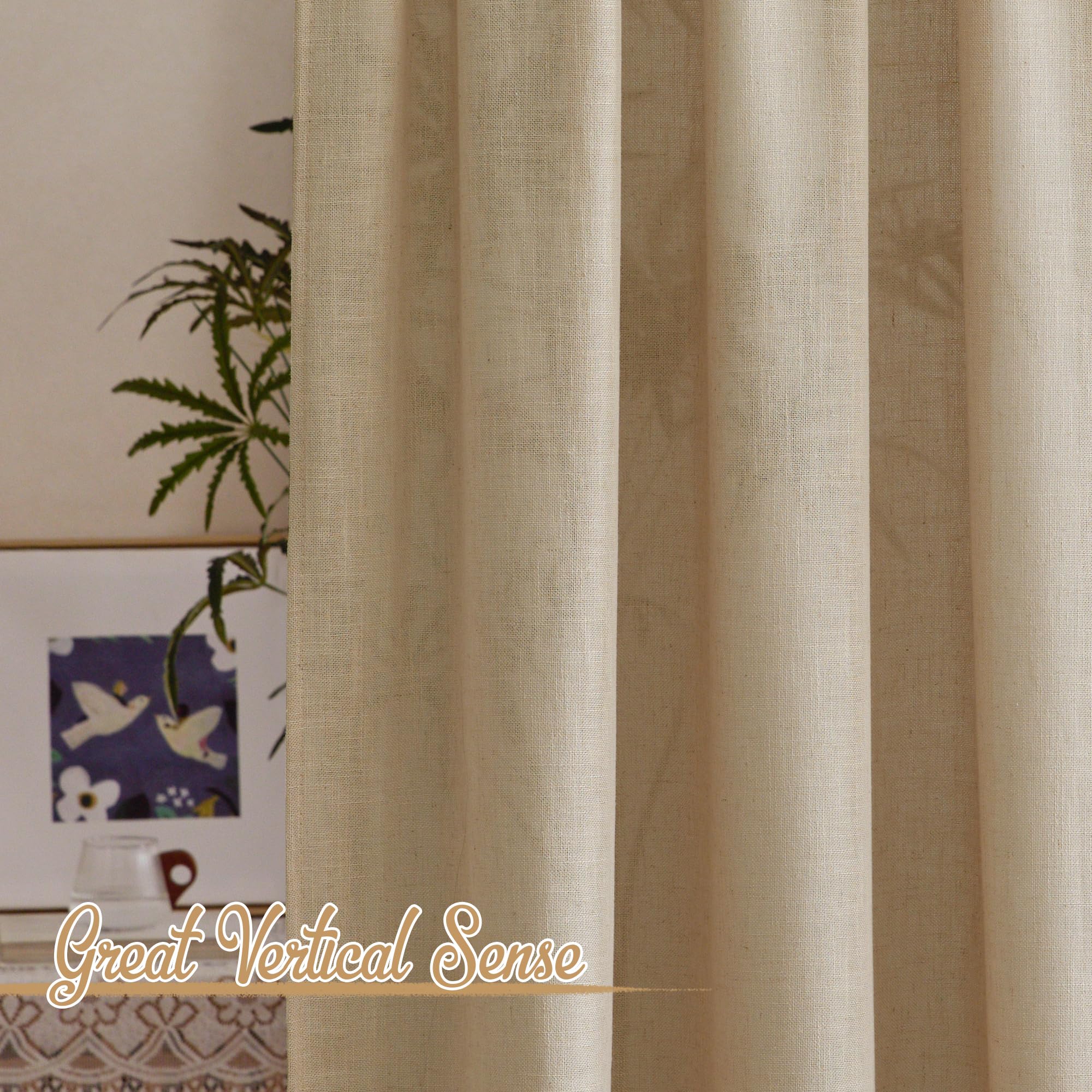 Rideaux Voilage Lin Naturel 2 Pièces - 140x245cm, Demi-transparent, Oeillets 4cm, Beige, Pour Salon/chambre