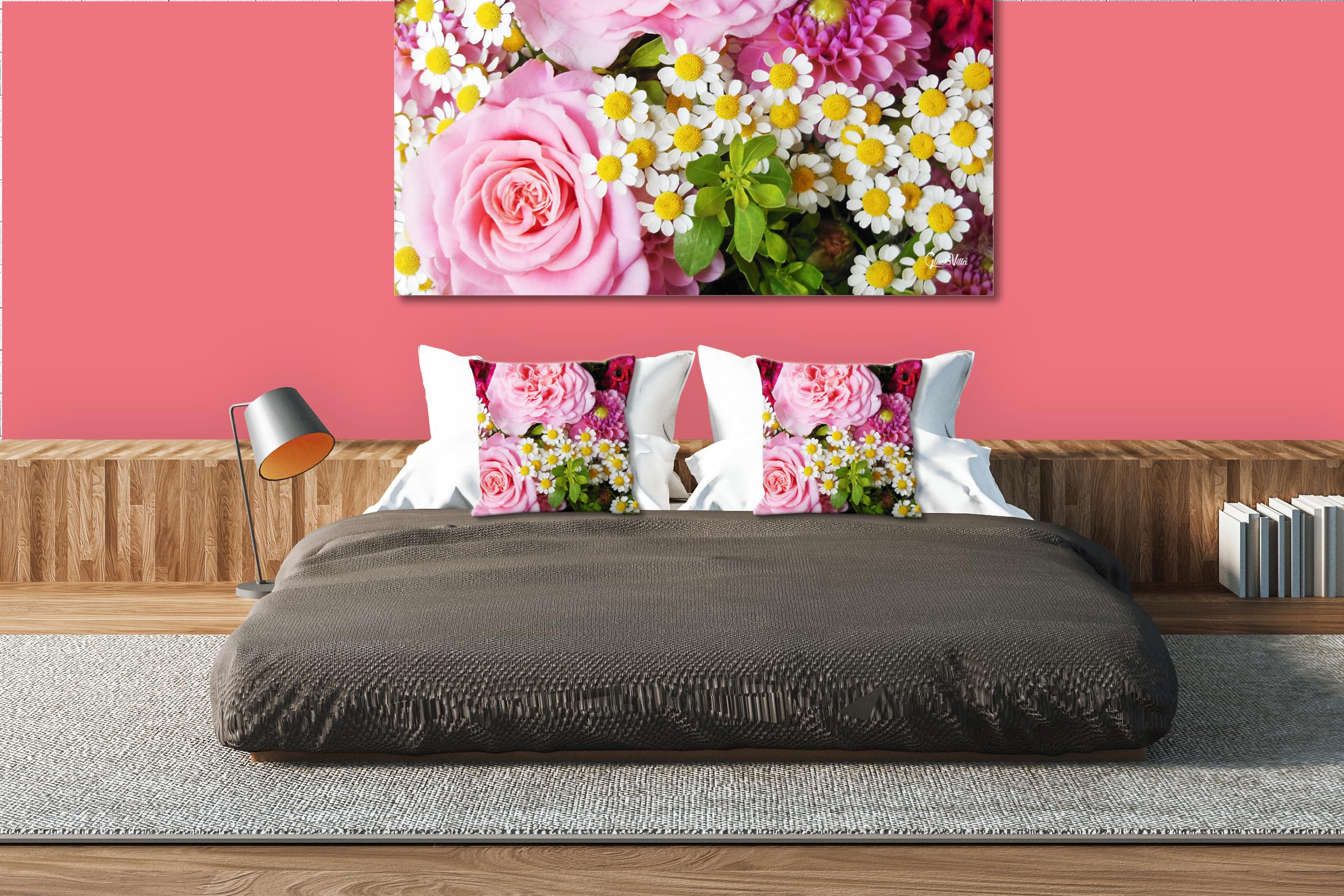 Rosen - Foto-Kissen-Hülle Set (2 STK.) 40 x 40 cm | Kissen-Bezüge - passend zu Wandbild - Deko-Kissen - Blüte Blume Natur Garten rot rosa