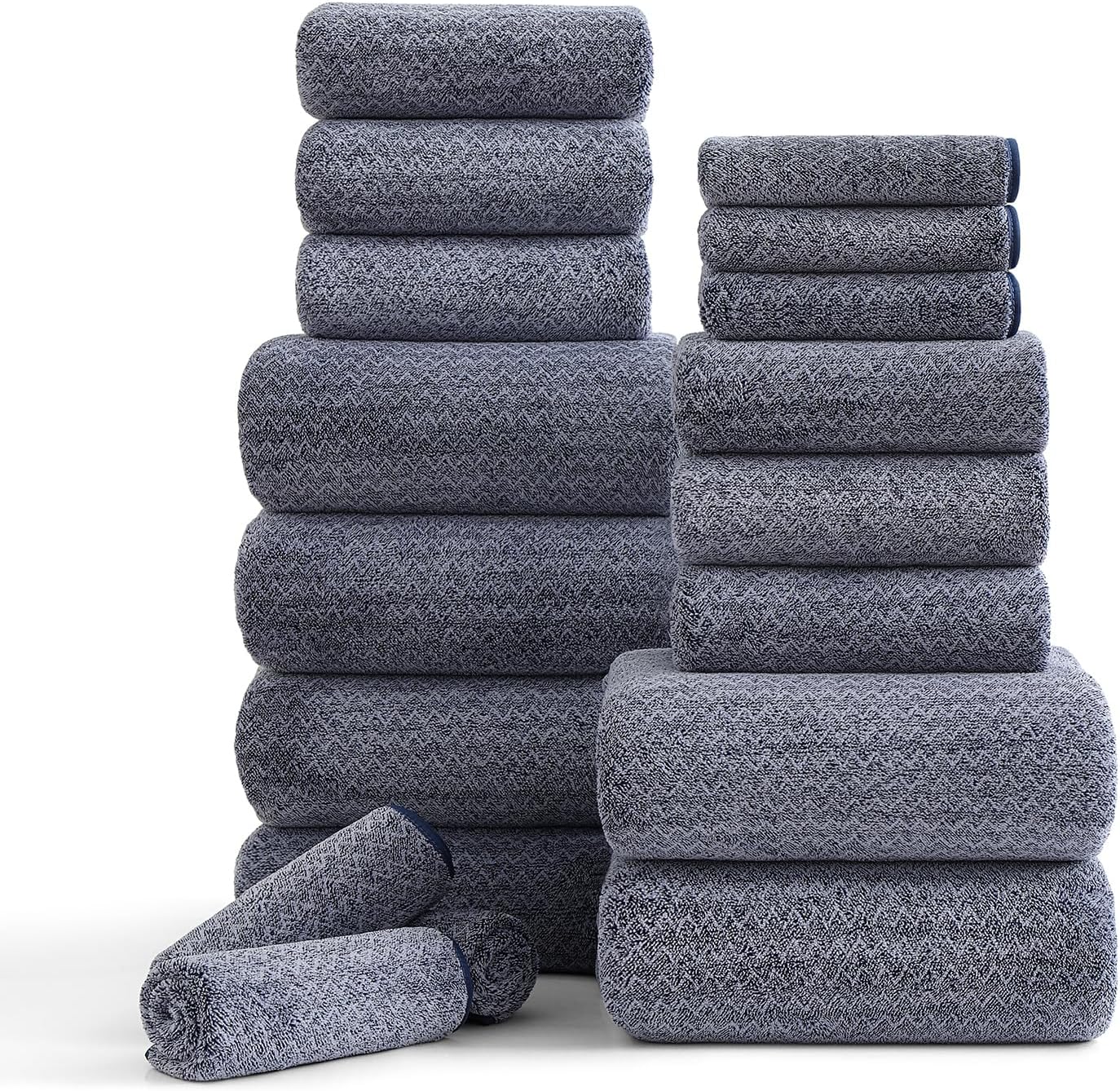 Ycosy 18 Piece Bath Towels Set,100% Microfiber Family Bathroom Towel with Hanging Loops-6 Bath Towels,6 Hand Towels,6 Washcloths,Quick Dry Highly Absorbent Shower Towel for Bathroom,Hotel,Spa-Navy