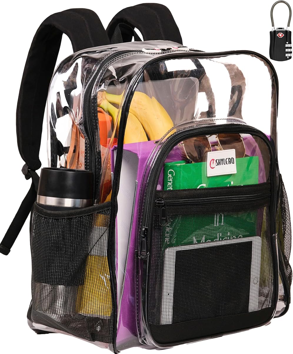 SHYLERO Clear Backpack Heavy Duty has TSA Lock, 2-WAY Zipper. PVC Transparent Backpack X-Large - H18''xW14''xD8 - Black