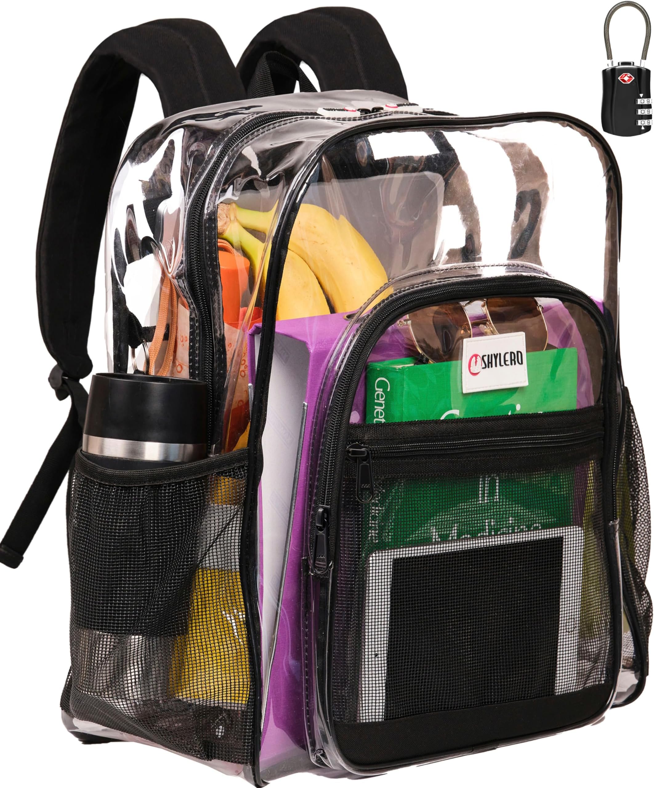 Clear Backpack Heavy Duty has TSA Lock, 2-WAY Zipper. PVC Transparent Backpack X-Large - H18''xW14''xD8 - Black