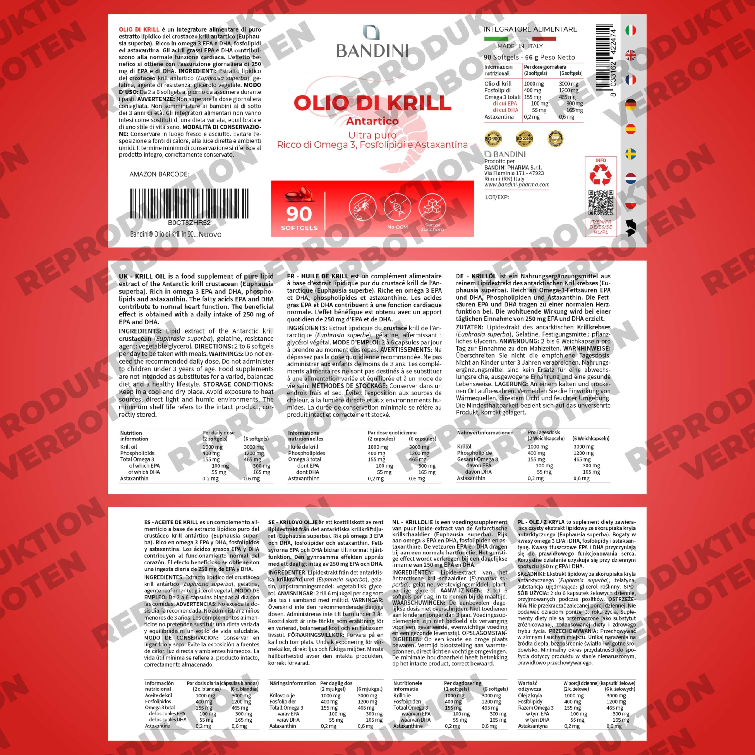 Bandini® Krillöl 3000 mg, reine Antarktis, 465 mg EPA und DHA, 1200 mg marine Phospholipide, Quelle von Astaxanthin und Omega 3 | Krillöl 100% natürlich, kein Nachgeschmack | 90 Weichkapseln