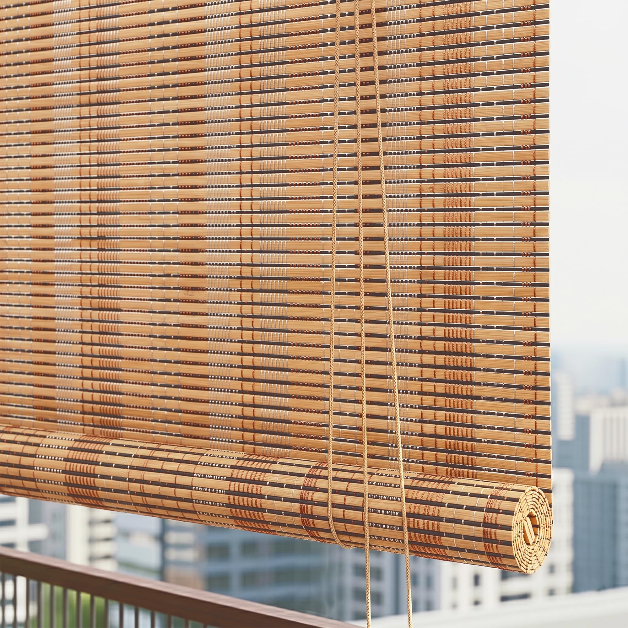Story@Home Bamboo Curtains for Outdoor W 4 ft x H 7 ft | Rope Mechanism Roll Up Down Bamboo Shade for Sunlight, Dust Protection Window Chick Blinds for Balcony, Restaurant, Hotel Dhaba - Beige & Black
