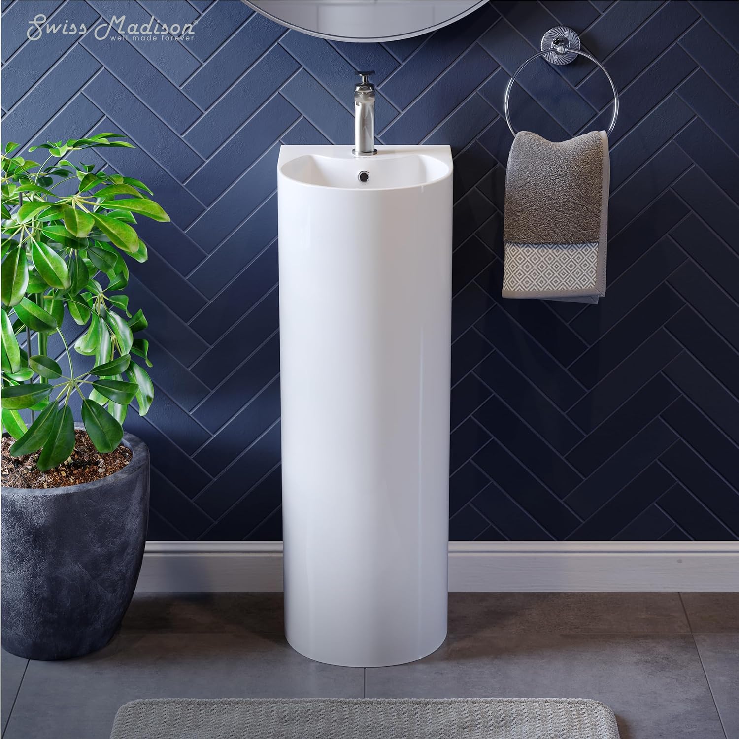 Sublime Ceramic Pedestal Bathroom Sink with Overflow, Single Faucet Hole, Standard 1.75 in Drain, Glossy White Finish