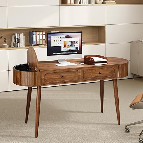 Miniatura 8 de Mid-Century - Escritorio de madera de 59 pulgadas, escritorio de oficina en casa para computadora portátil con 2 espacios de almacenamiento