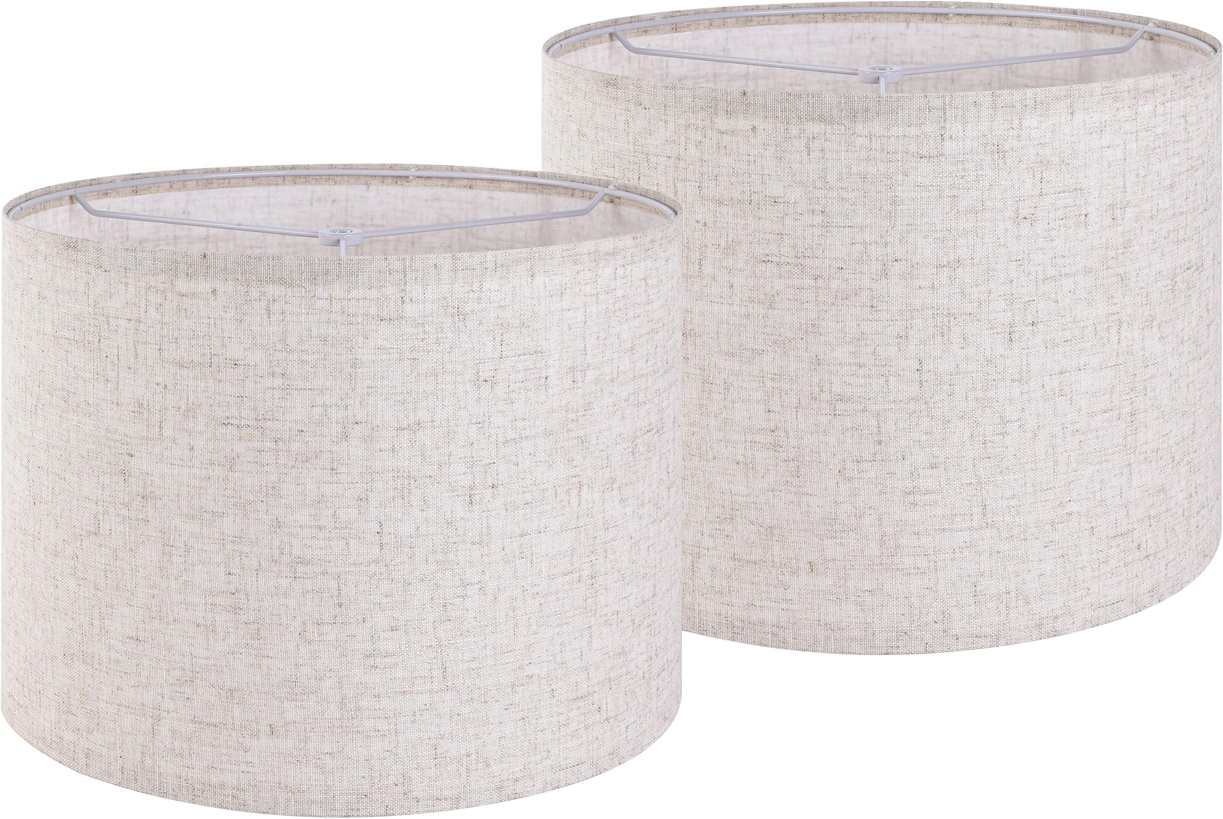 GO&SO Set of 2 Drum Lampshades for Table, Floor & Bedside Lamps - 13 * 13 * 10 inch, Medium Beige Shades - Natural Flax, Handcrafted with Spider Fitter - Ideal for Modern & Rustic Interiors -