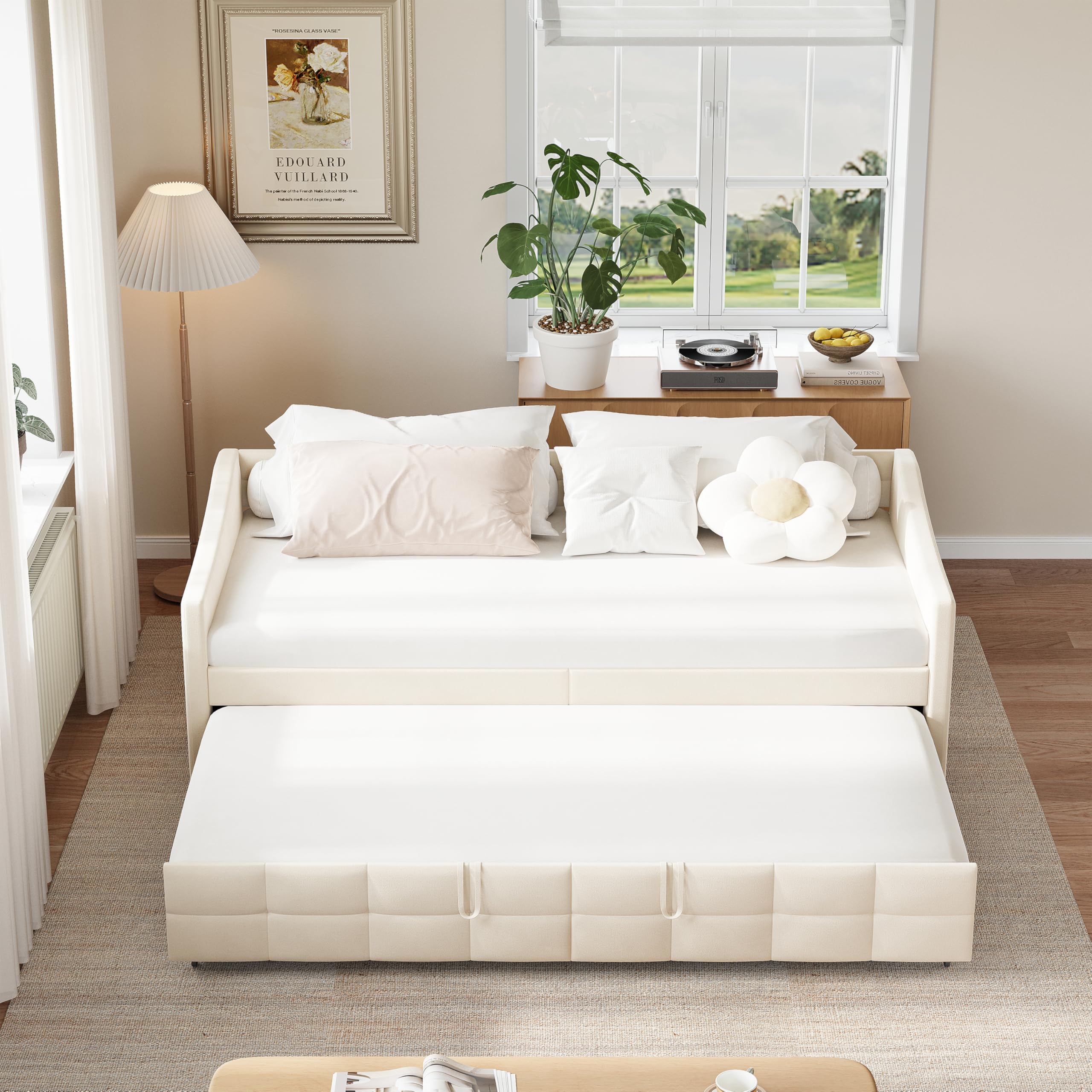 PerGar Sofá cama 90/180 x 200 cm, cama extensible con somier de láminas de madera, sofá cama con cajón, cama nido, cama individual/doble, cama multifunción, franela, sin colchón (color crema)