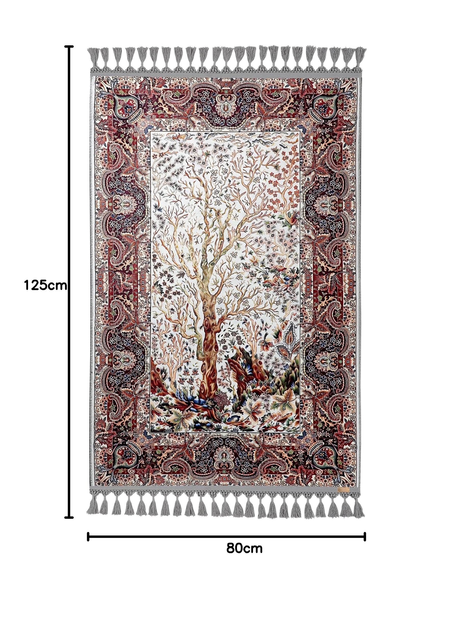 allmode homestyle şekil Tapis de prière décoratif arbre de vie avec pompons - Motif traditionnel persan - Bordure grise et bordeaux - Tapis de prière musulmane - Sajadah turque (160 x 230 cm)