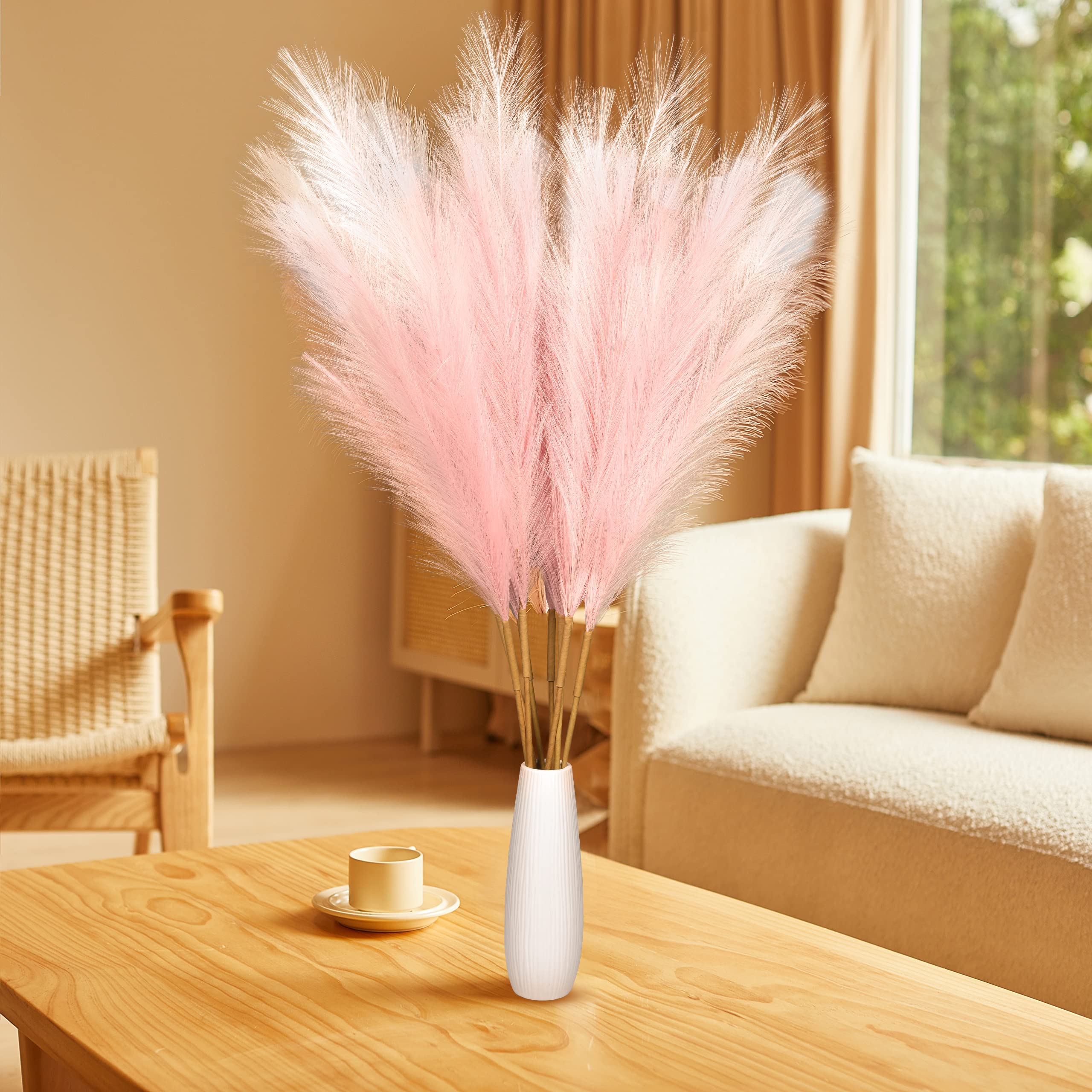 DearHouse 10Pcs Faux Pampas Grass, 38''/3.1FT Tall Fluffy Fake Pompas Floral, Large Artificial Pompous Grass Branches for Floor Vase Fillers, Boho Farmhouse Room Home Wedding Decoration (Pink&White)