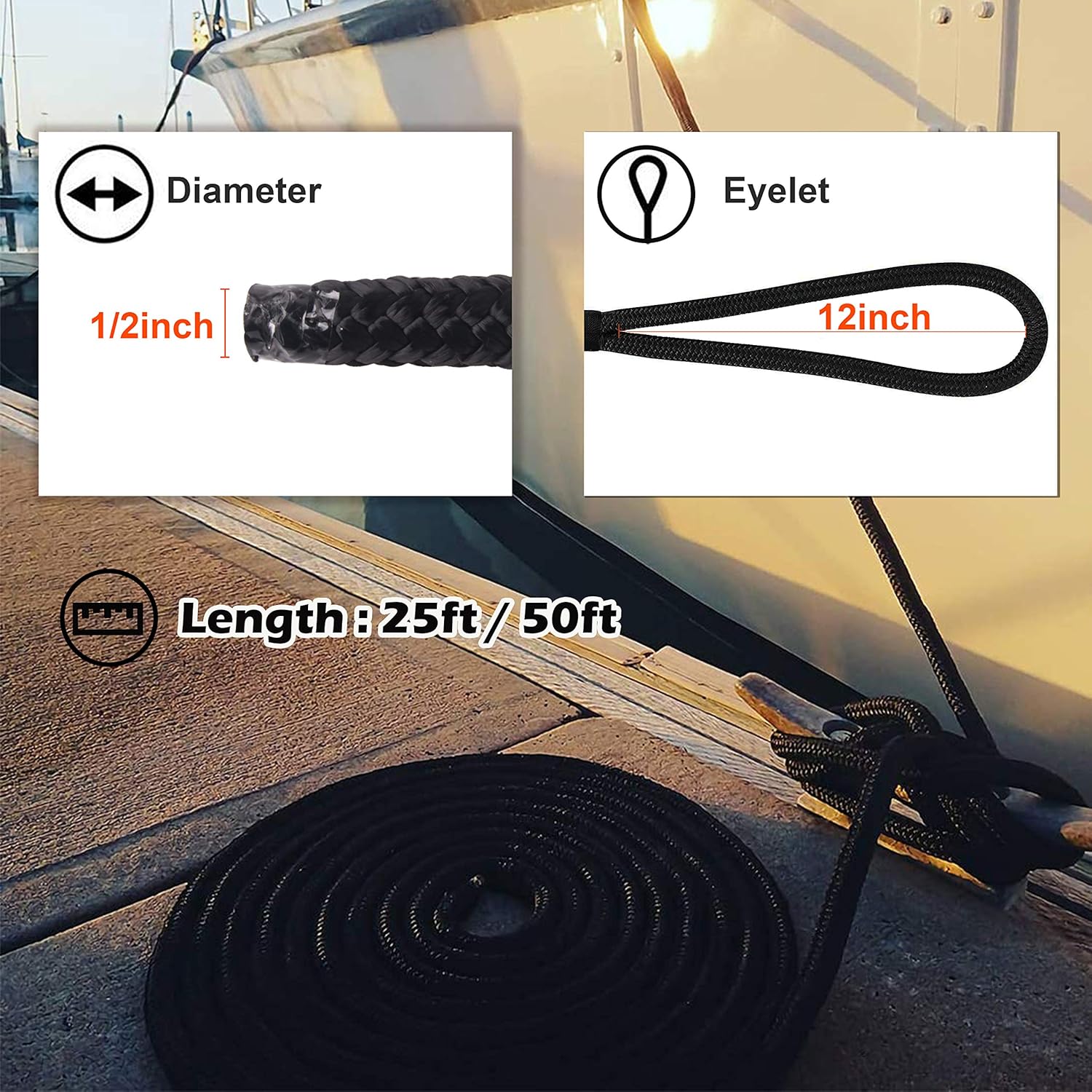 Shaddock Fishing Docking Lines Double-Braided Nylon Anchor Rope 1/2 Inch- Boat Mooring Rope with 12 Inch Eyelet for Boats 25 FT,50 FT