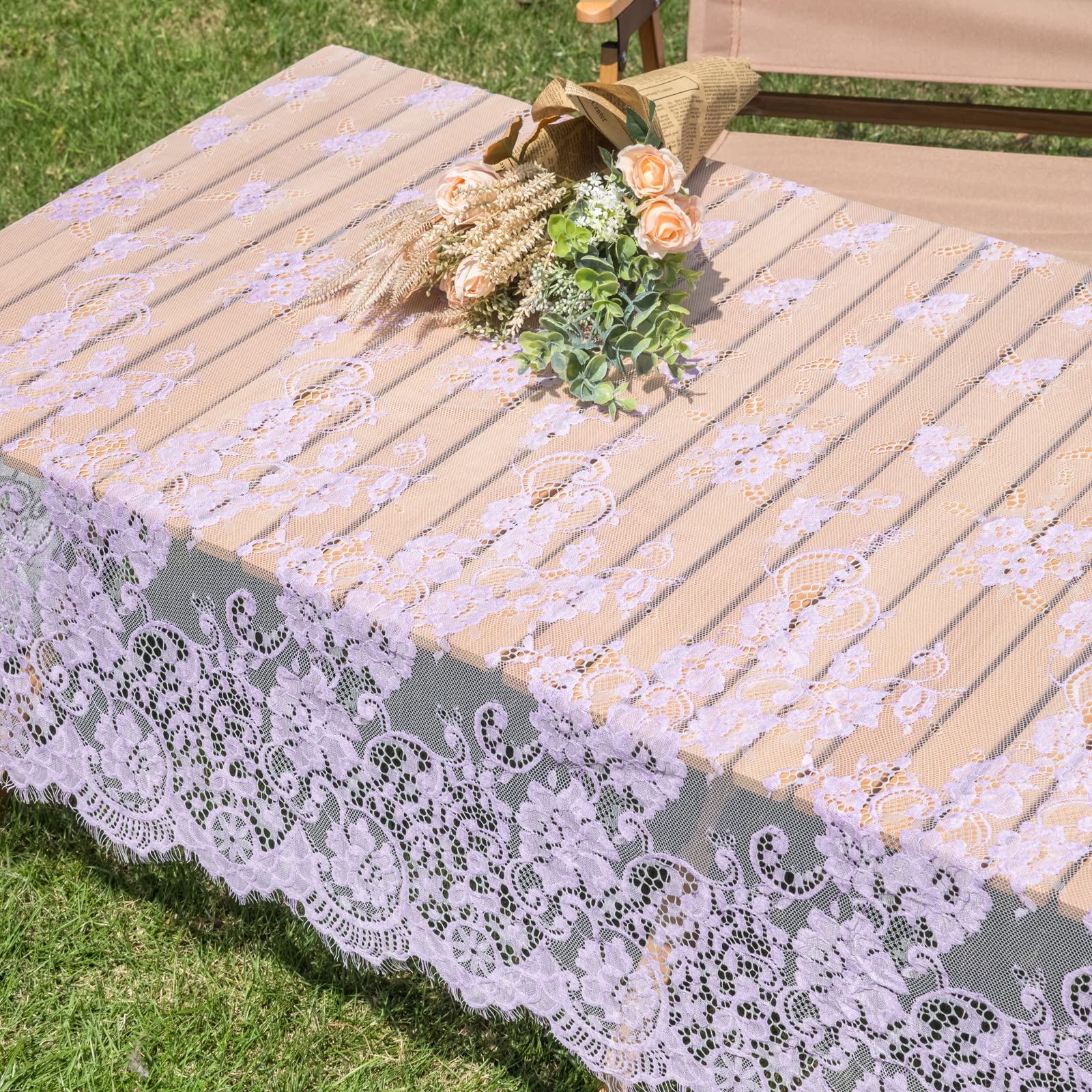TINWIN Violette Spitzentischdecke 152,4 x 305,6 cm, rechteckig, Vintage-Läufer, Wimpernstoff für Küche, Esszimmer, Picknick, Hochzeit, Dekoration für Empfang, Heimdekoration, Teeparty, Tischdecke,