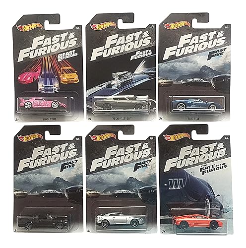 Paquete Hot Wheels Fast & Furious de 6 Coches de las Películas Fast & Furious, 2 Rápidos y Furiosos, Fast & Furious 5, El Destino de la Furia