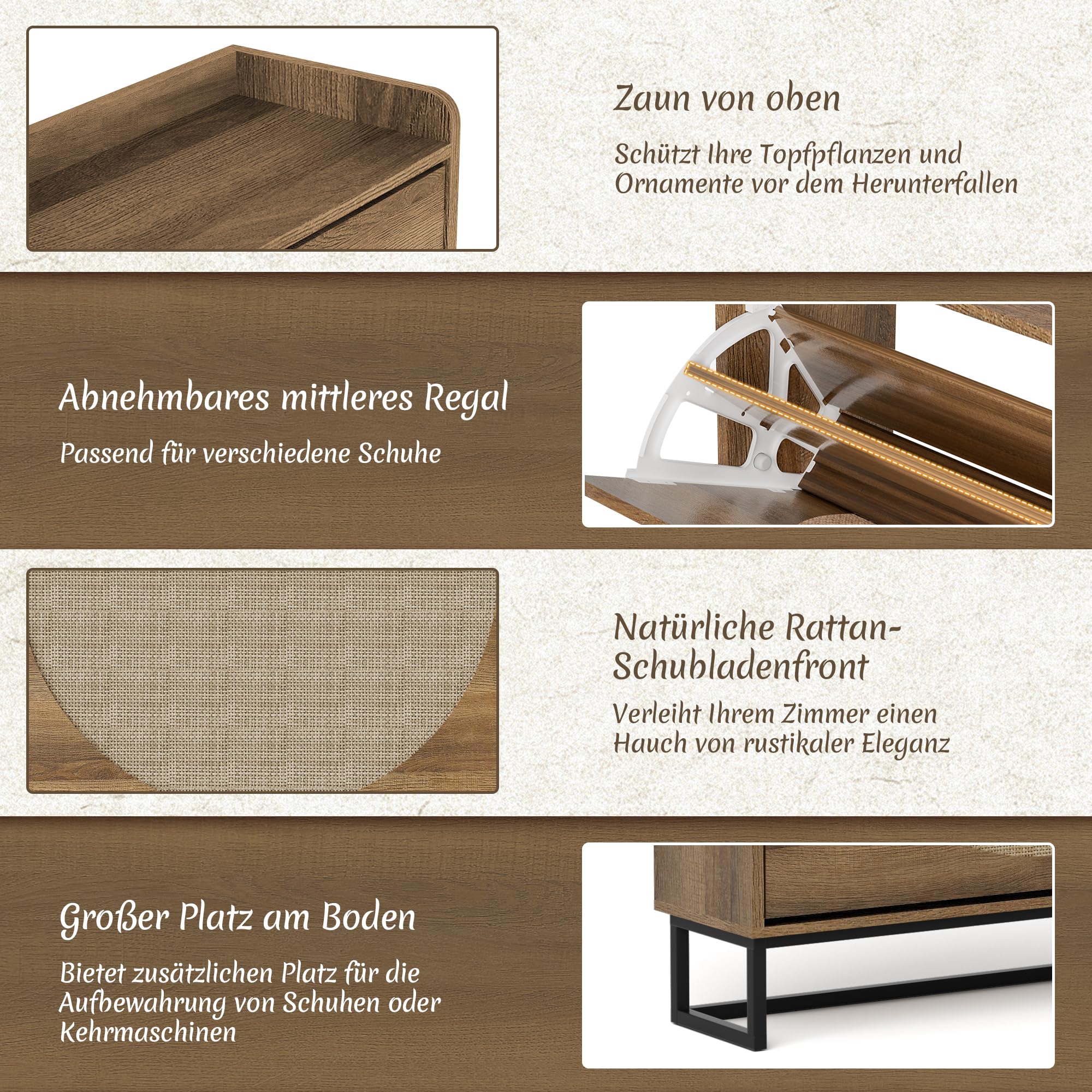 BonVache Schuhkommode mit 2 Schubladen, Rattan Design Schuhschrank Schmal Holz Für Flur, Schuhaufbewahrung mit Metallbeinen, Schuhorganizer für Eingangsbereich, Wohnzimmer, Schlafzimmer, 80x24x101cm