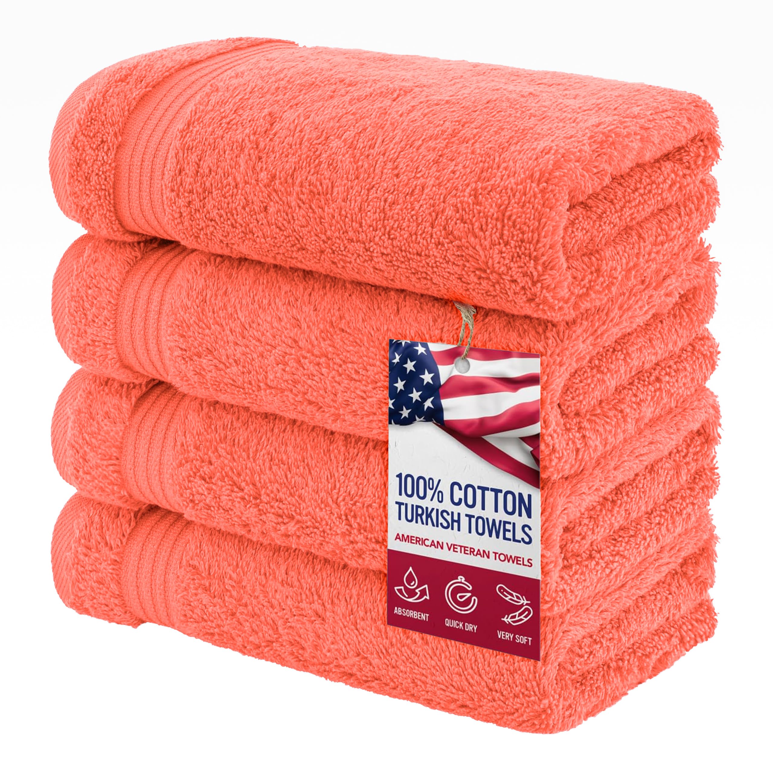 American Veteran Towel, Hand Towels for Bathroom Set of 4, 100% Cotton Turkish Hand Towel Sets, Soft Hand Face Towels, Coral Hand Towels