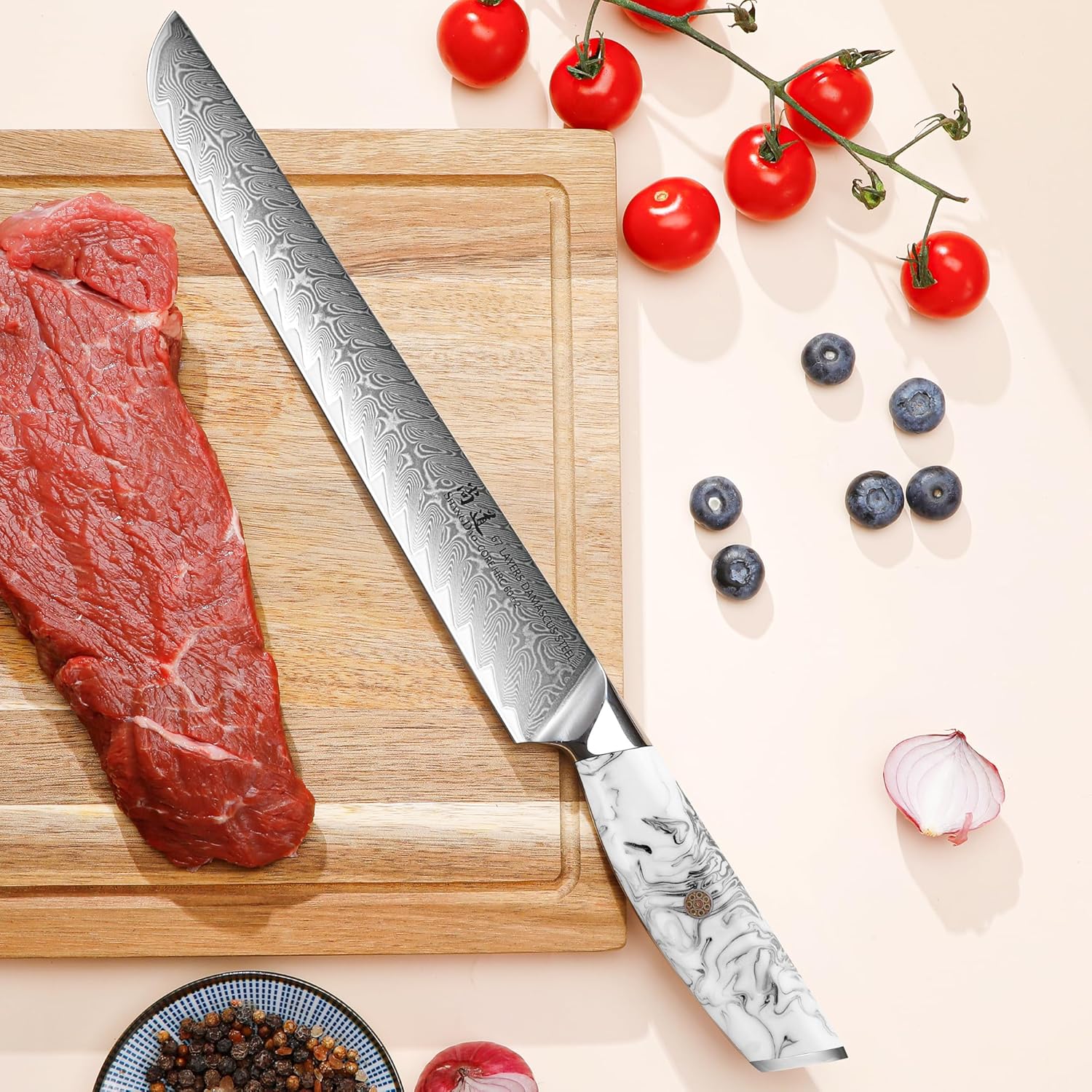 SHANGDAO Carving & Slicing Knife - 10 Inch, Forged VG10 Damascus Steel, Brisket & Meat Cutting Knife, Full Tang, Ergonomic Ink & Wash Resin Handle - HUA Series