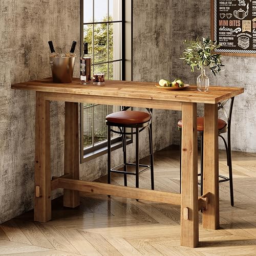Solid Wood Bar Table, 63-Inch Farmhouse Bar Height Pub Table for Kitchen Dining Room, Rustic Wooden Bistro Table with Sturdy Legs for Home Bar, Apartment, Cafe, Natural Brown