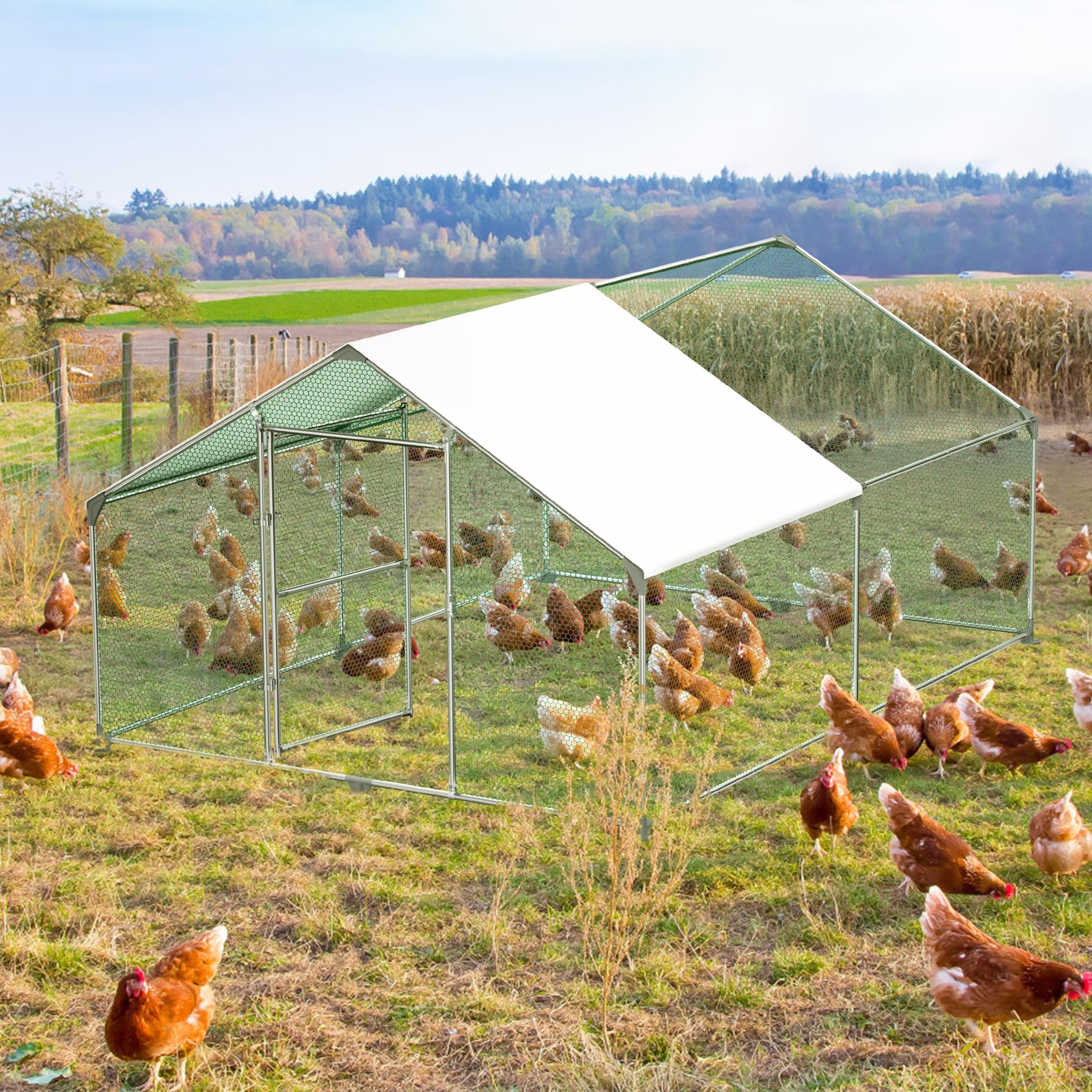 Froadp Gallinero Pajarera Exterior Recinto para Gallinas Camperas con Cubierta de Protección Solar de PE Jaula para Gallinas con Estructura de Acero Galvanizado para Conejos Avicultura (3x4x2m)