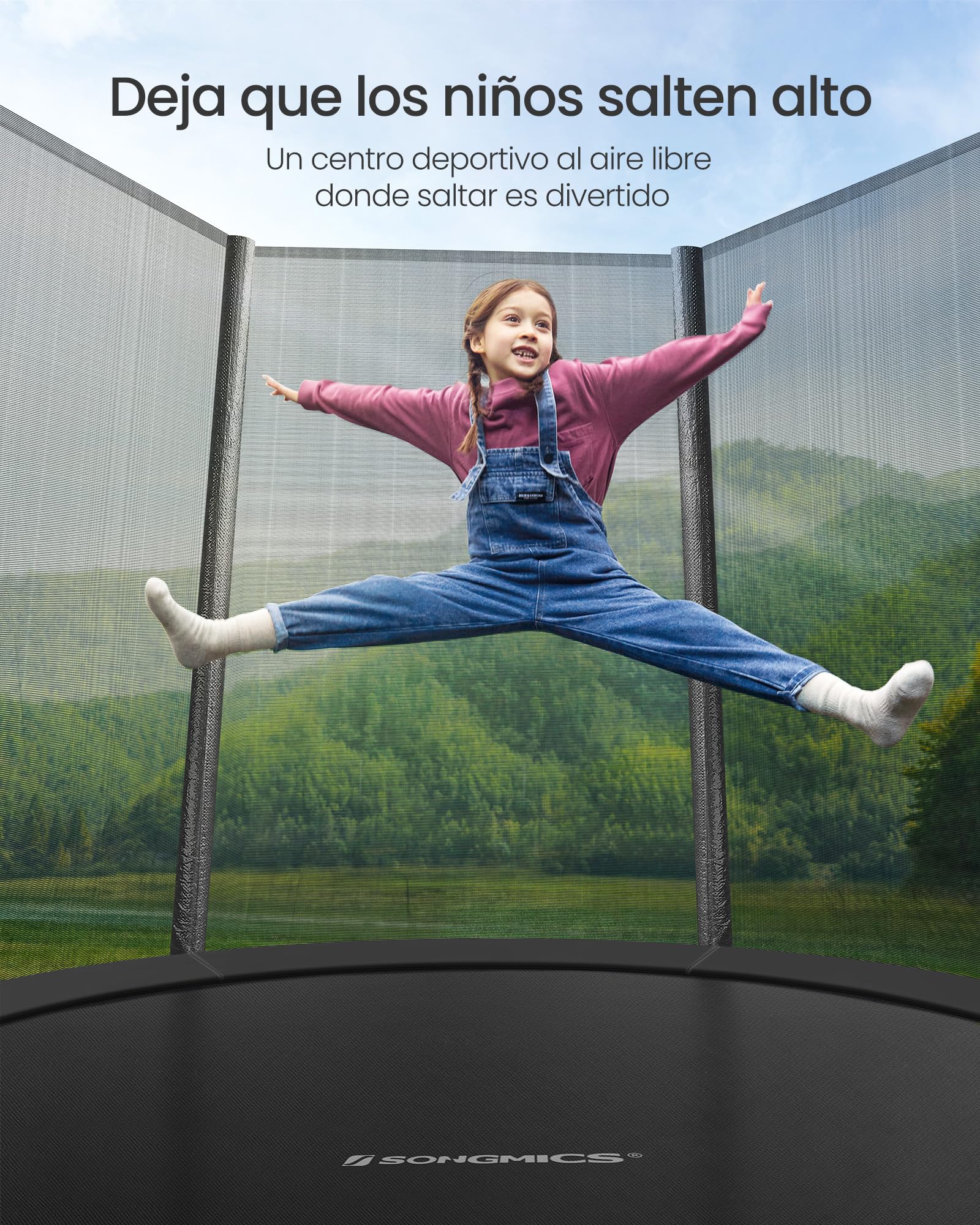 SONGMICS - Trampolín Exterior Infantil diámetro 183/244/305/366/427 cm, Red de protección Externa, Cojines de Seguridad, Escalera, Poste Recto de 180 cm de Alto, Marco de Acero