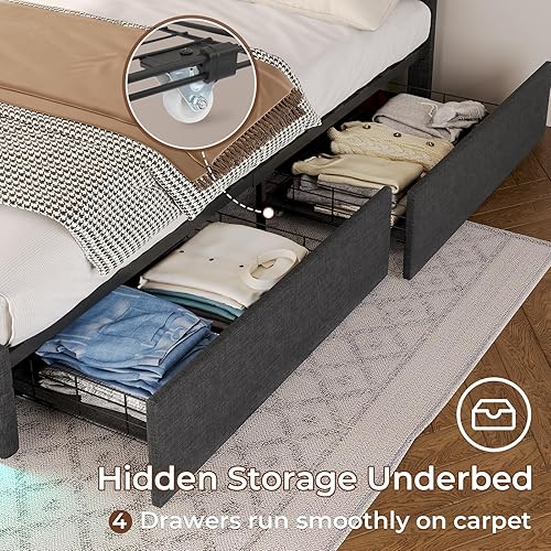 Miniatura 6 de ADORNEVE Marco de Cama LED Queen con 4 Cajones y 2 Estaciones de Carga USB, Marco de Cama con Plataforma Tapizada Tamaño Queen con Luces LED en Gris