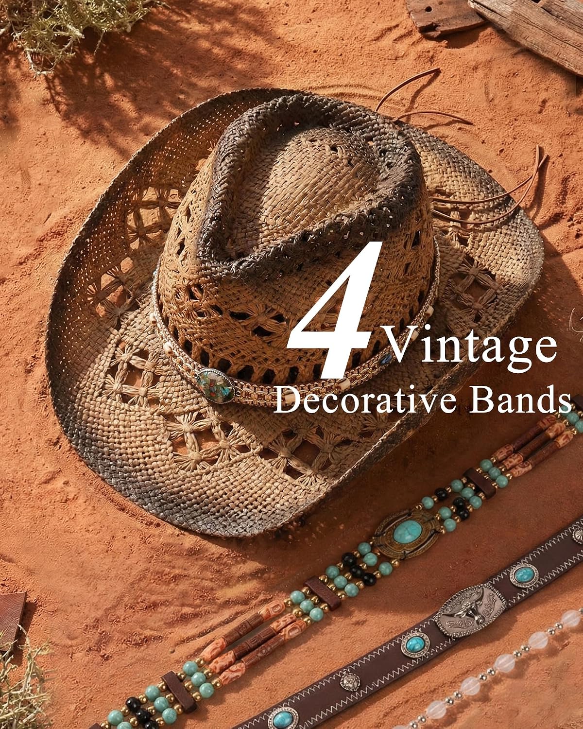 FURTALK Straw Cowboy Hat for Women with 4 Decorative Bands Cowgirl Hat image 3