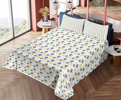 Miniatura 7 de Ambesonne Juego de sábanas de Mardi Gras, flor de Lis en Mardi Gras, patrón de festival de colores de carnaval, sábana bajera y encimera con funda