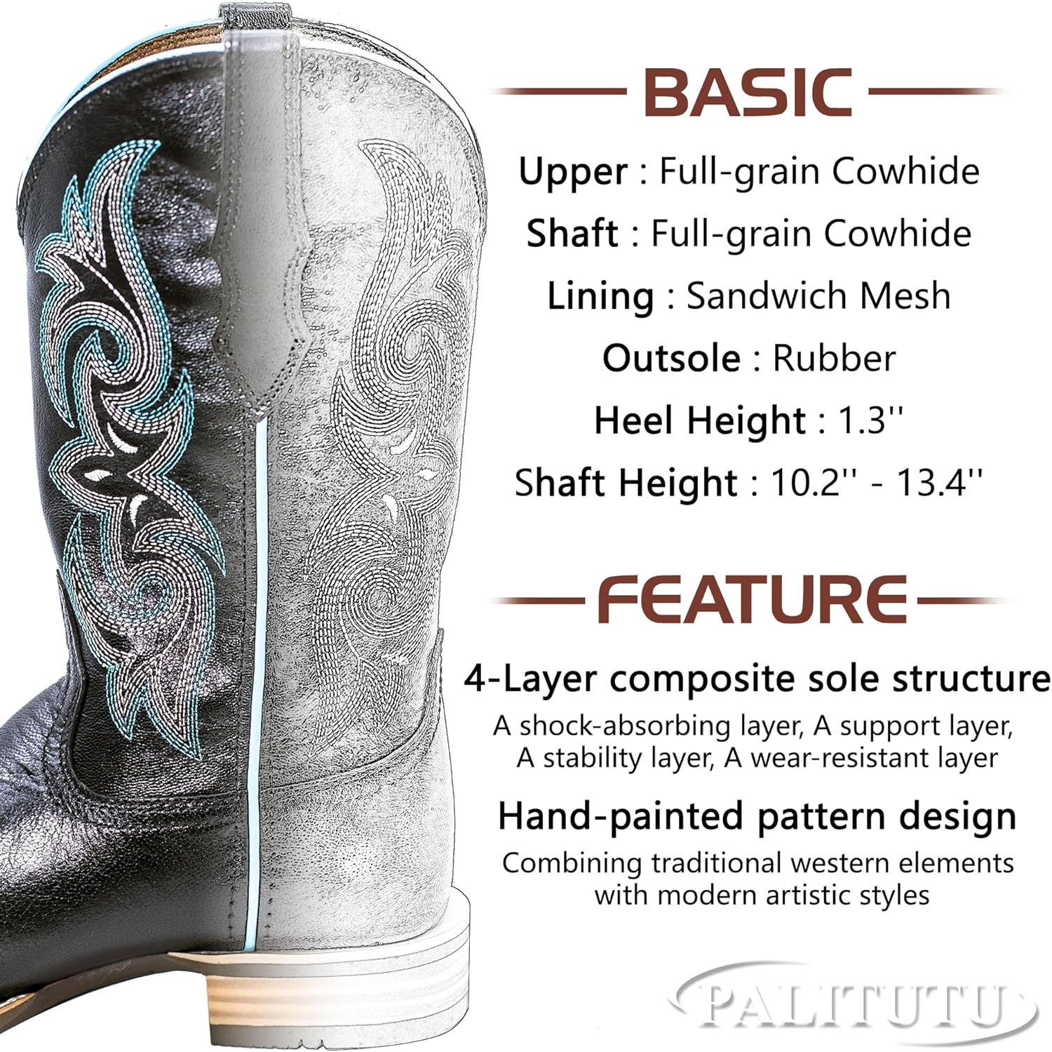 Women Western Boots Hand Painted, Square Toe, Full Grain Cowhide, 4-Layer Composite Sole(PLT203604) - Image 9